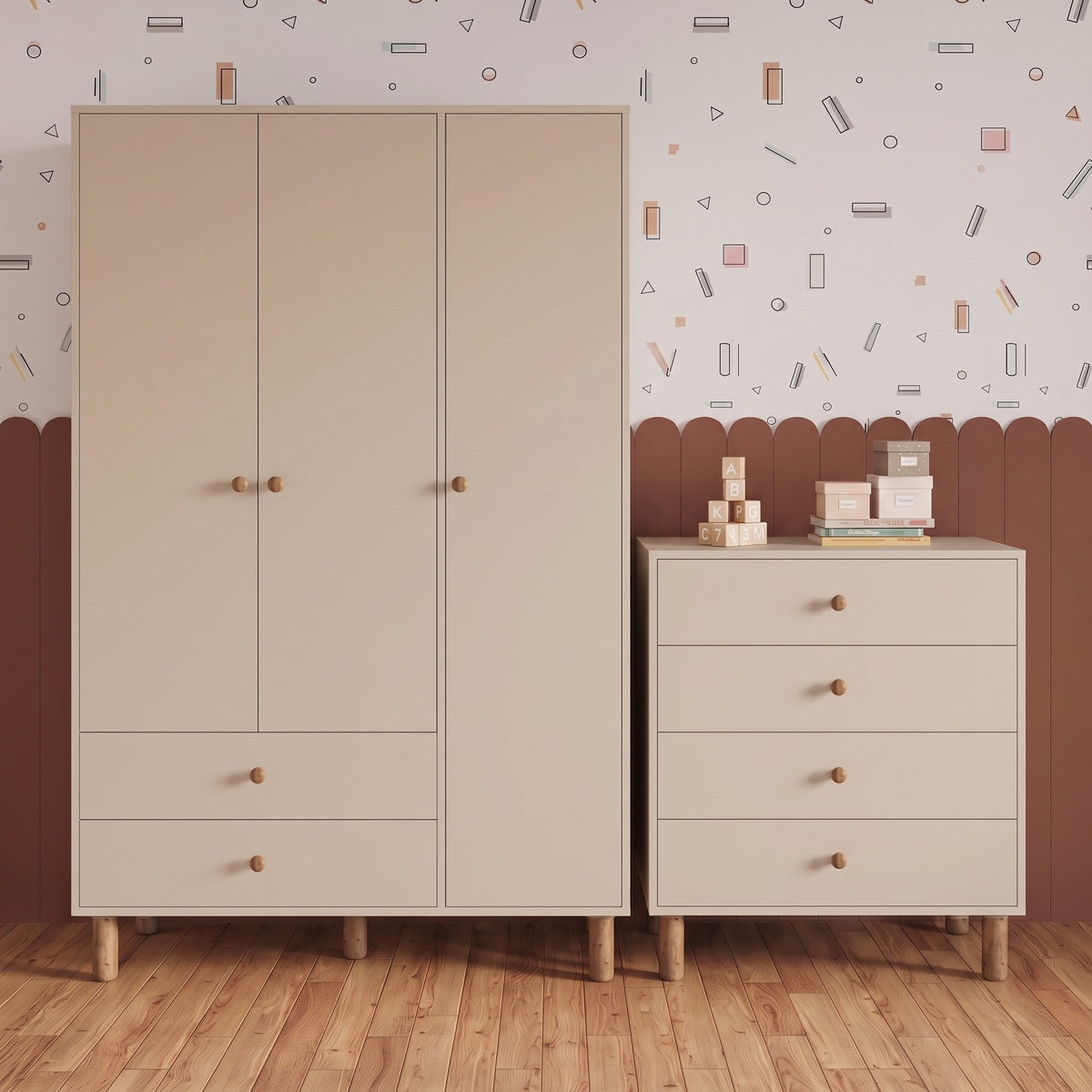 Bimossa TK30 Bunny 3 Kapaklı Gardırop ve 4 Çekmeceli Şifonyer, Yüksek Ayaklı Bebek ve Çocuk Odası Takımı