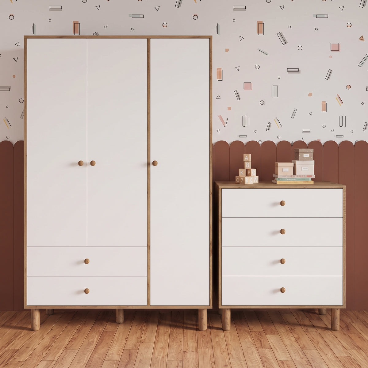 Bimossa TK30 Bunny 3 Kapaklı Gardırop ve 4 Çekmeceli Şifonyer, Yüksek Ayaklı Bebek ve Çocuk Odası Takımı