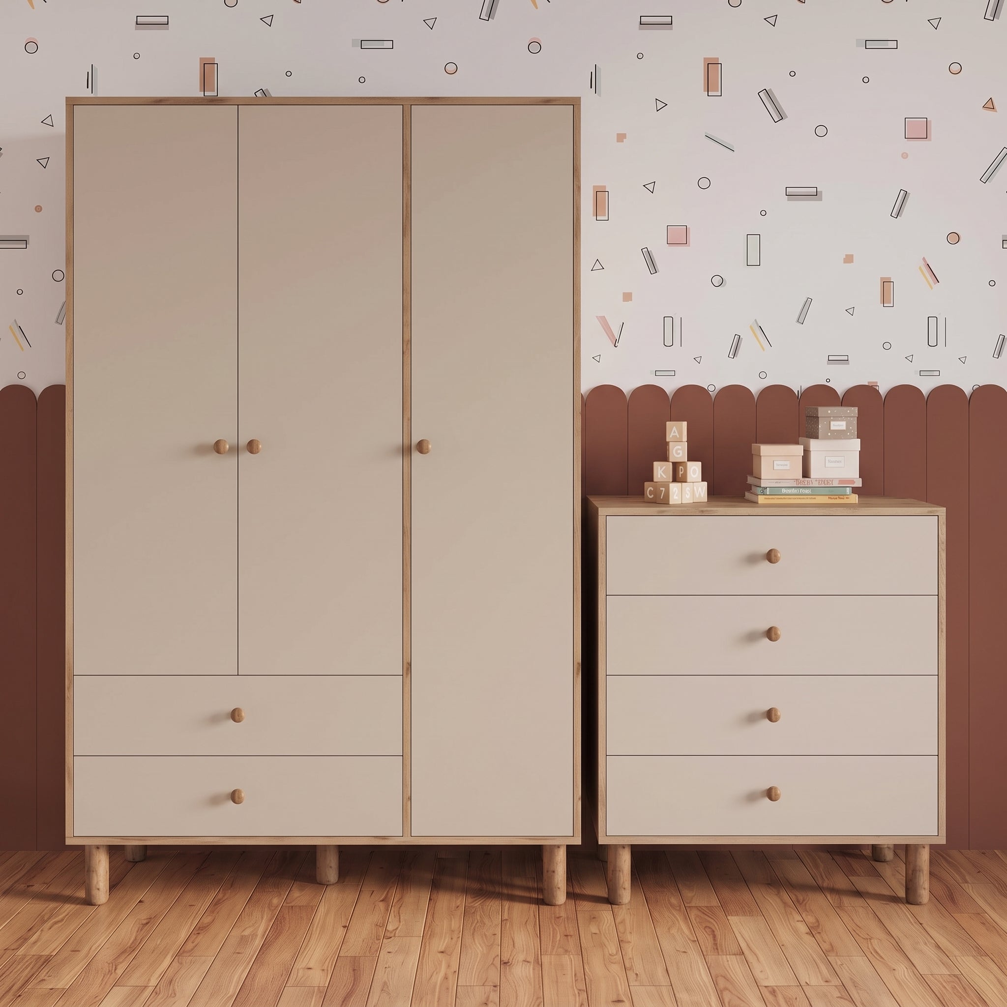 Bimossa TK30 Bunny 3 Kapaklı Gardırop ve 4 Çekmeceli Şifonyer, Yüksek Ayaklı Bebek ve Çocuk Odası Takımı