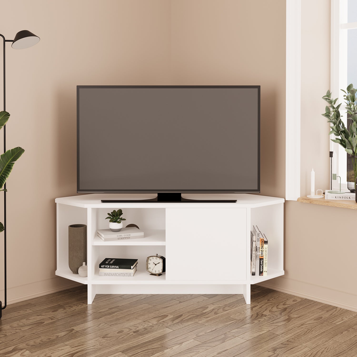 Bimossa B13 Teo 48 inç Uyumlu Köşe TV Ünitesi Kapaklı Raflı Kompakt Modern Salon TV Sehpası
