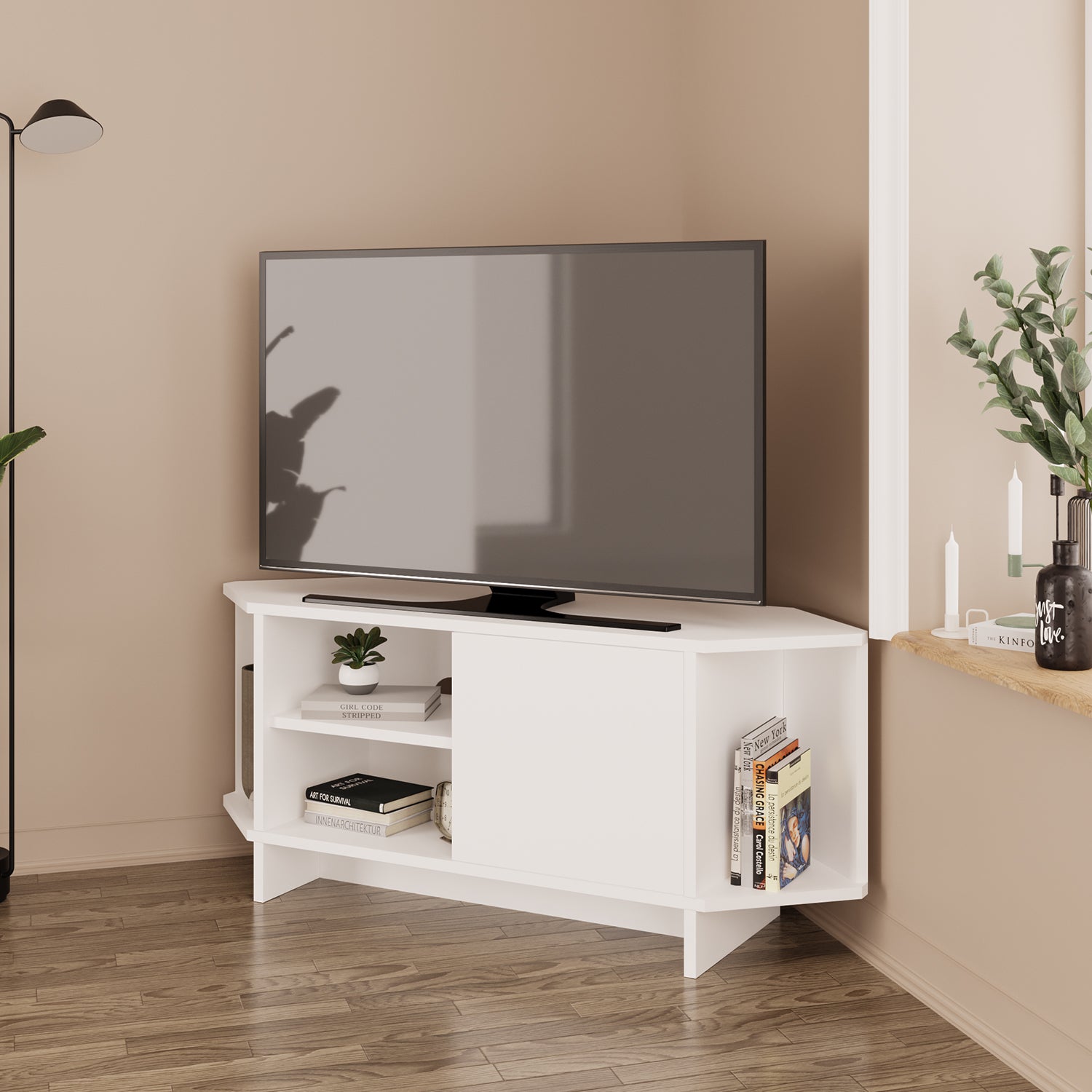 Bimossa B13 Teo 48 inç Uyumlu Köşe TV Ünitesi Kapaklı Raflı Kompakt Modern Salon TV Sehpası