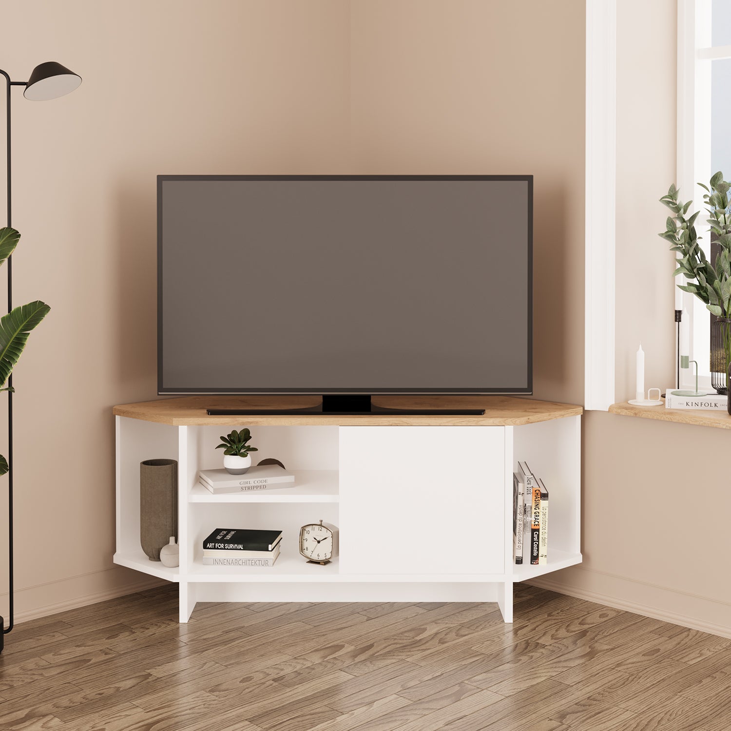 Bimossa B13 Teo 48 inç Uyumlu Köşe TV Ünitesi Kapaklı Raflı Kompakt Modern Salon TV Sehpası