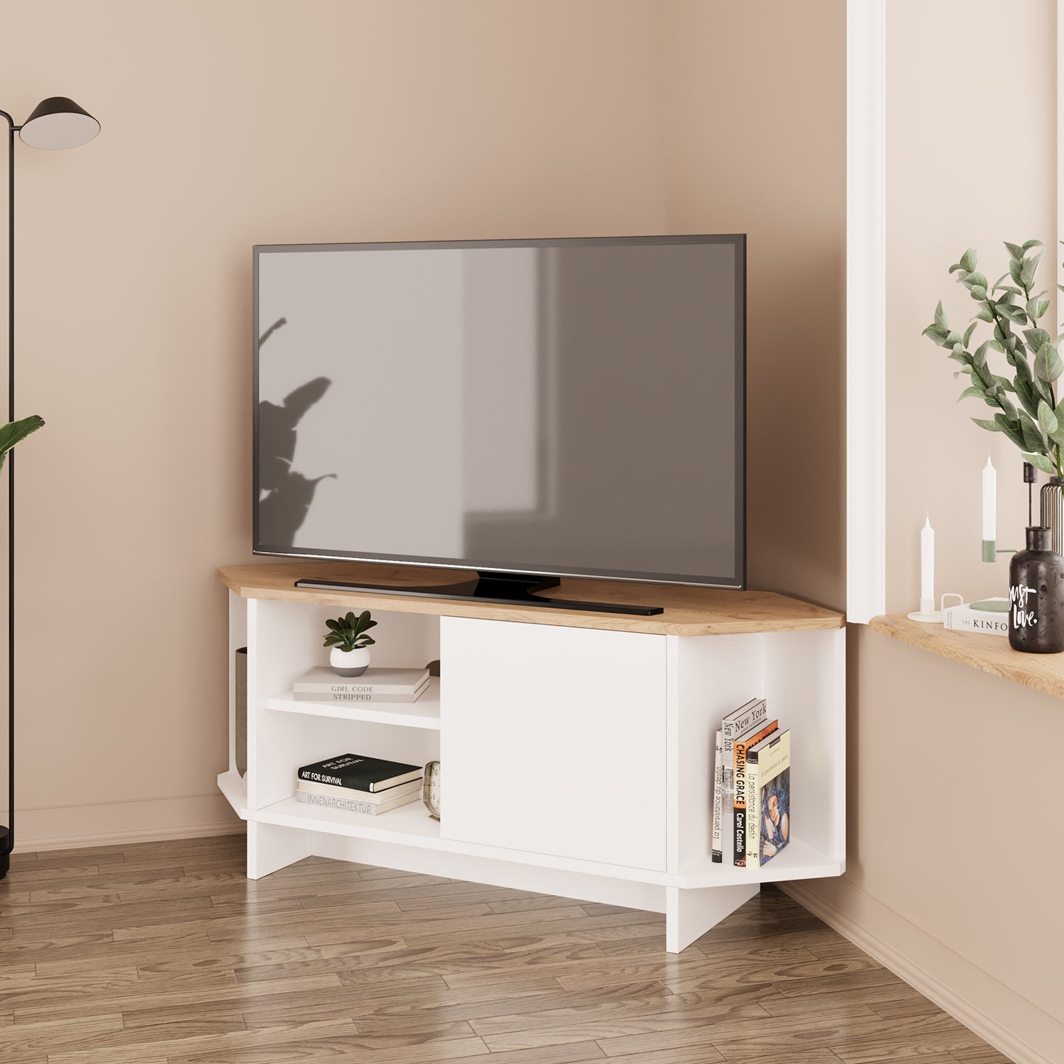 Bimossa B13 Teo 48 inç Uyumlu Köşe TV Ünitesi Kapaklı Raflı Kompakt Modern Salon TV Sehpası