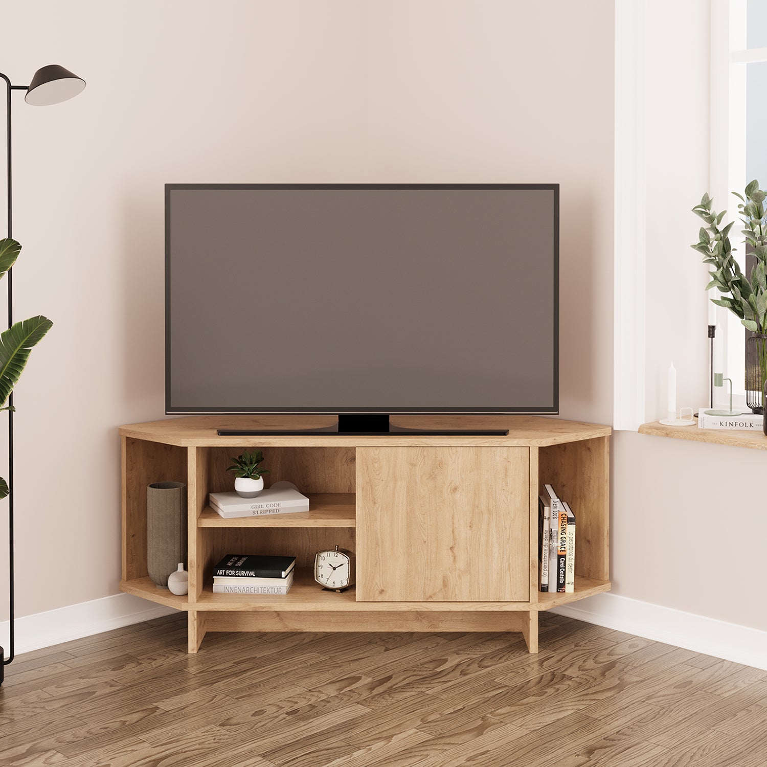 Bimossa B13 Teo 48 inç Uyumlu Köşe TV Ünitesi Kapaklı Raflı Kompakt Modern Salon TV Sehpası