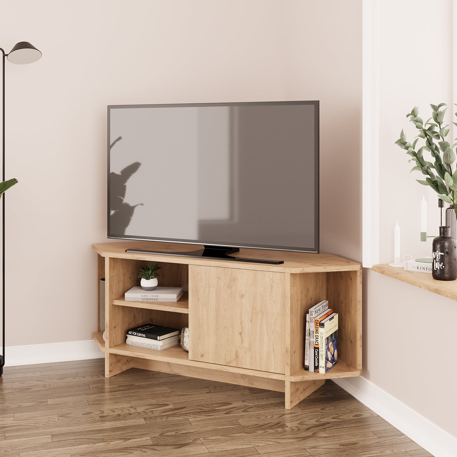 Bimossa B13 Teo 48 inç Uyumlu Köşe TV Ünitesi Kapaklı Raflı Kompakt Modern Salon TV Sehpası