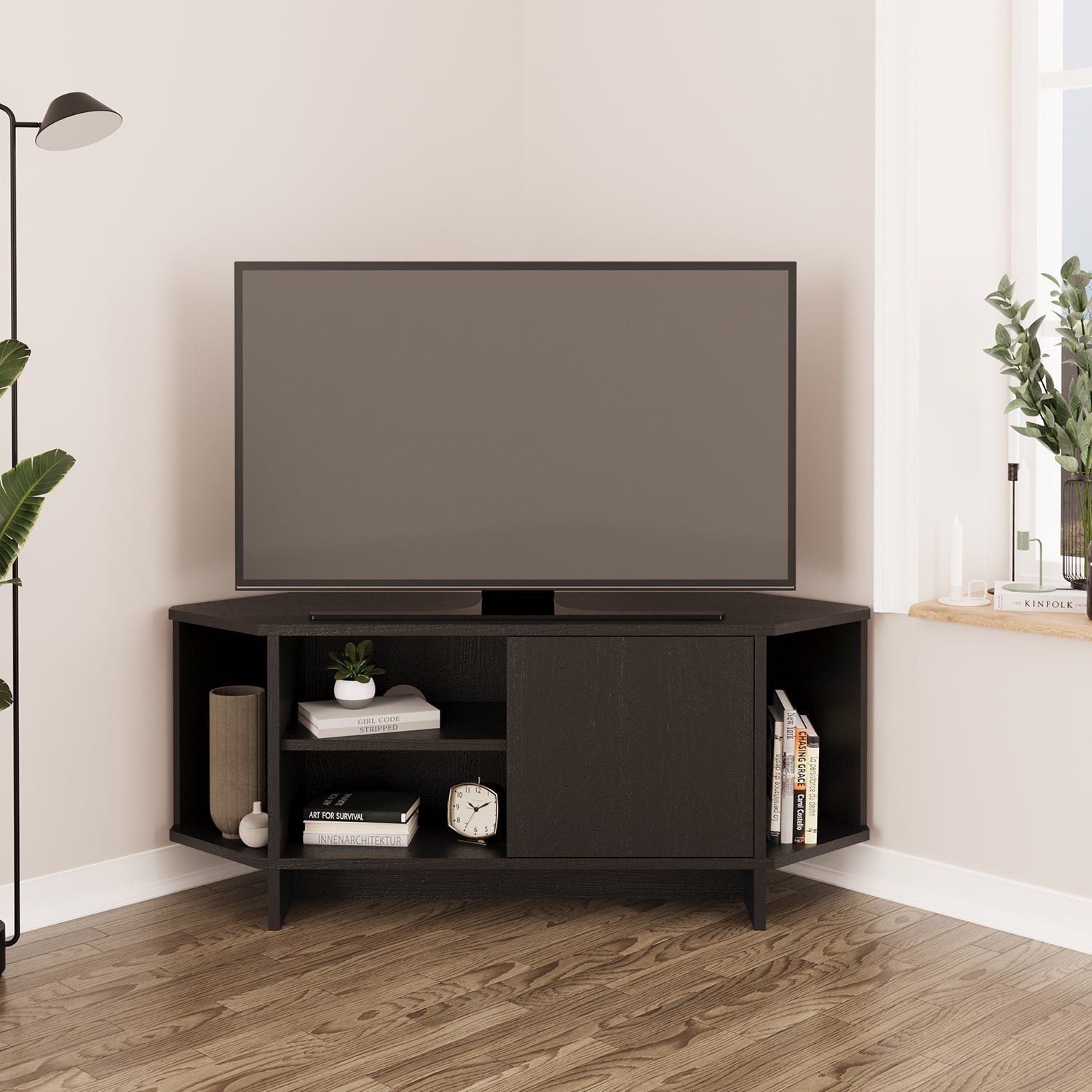 Bimossa B13 Teo 48 inç Uyumlu Köşe TV Ünitesi Kapaklı Raflı Kompakt Modern Salon TV Sehpası