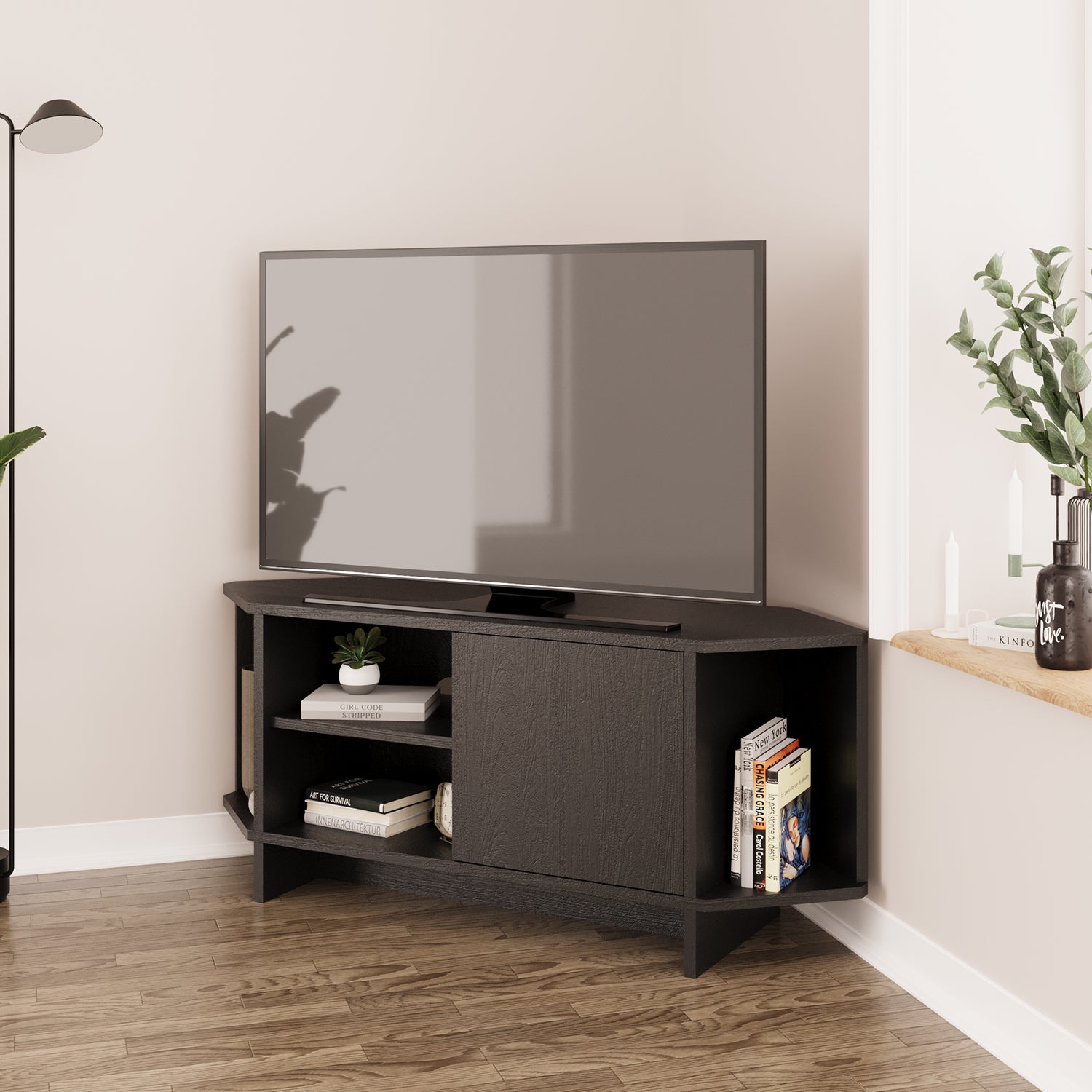 Bimossa B13 Teo 48 inç Uyumlu Köşe TV Ünitesi Kapaklı Raflı Kompakt Modern Salon TV Sehpası