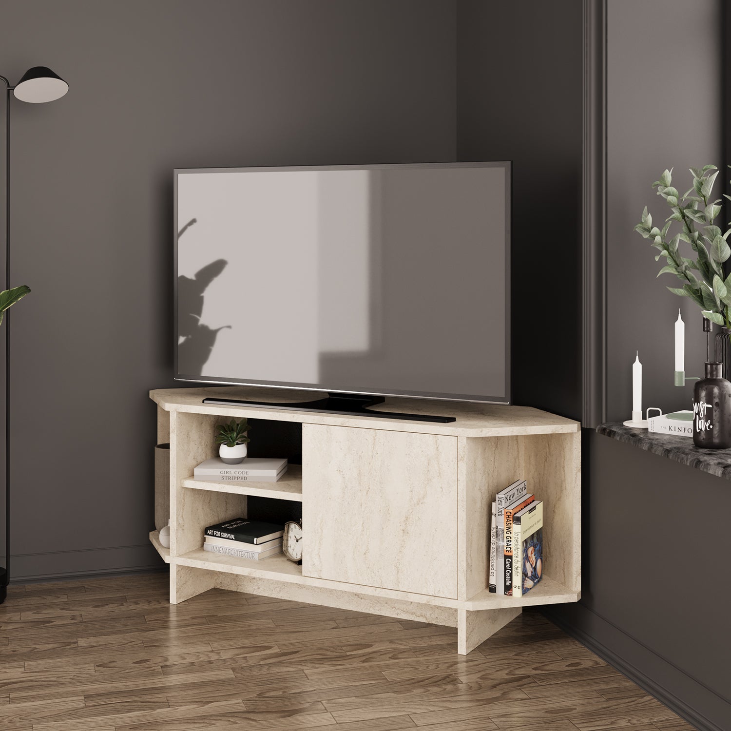 Bimossa B13 Teo 48 inç Uyumlu Köşe TV Ünitesi Kapaklı Raflı Kompakt Modern Salon TV Sehpası