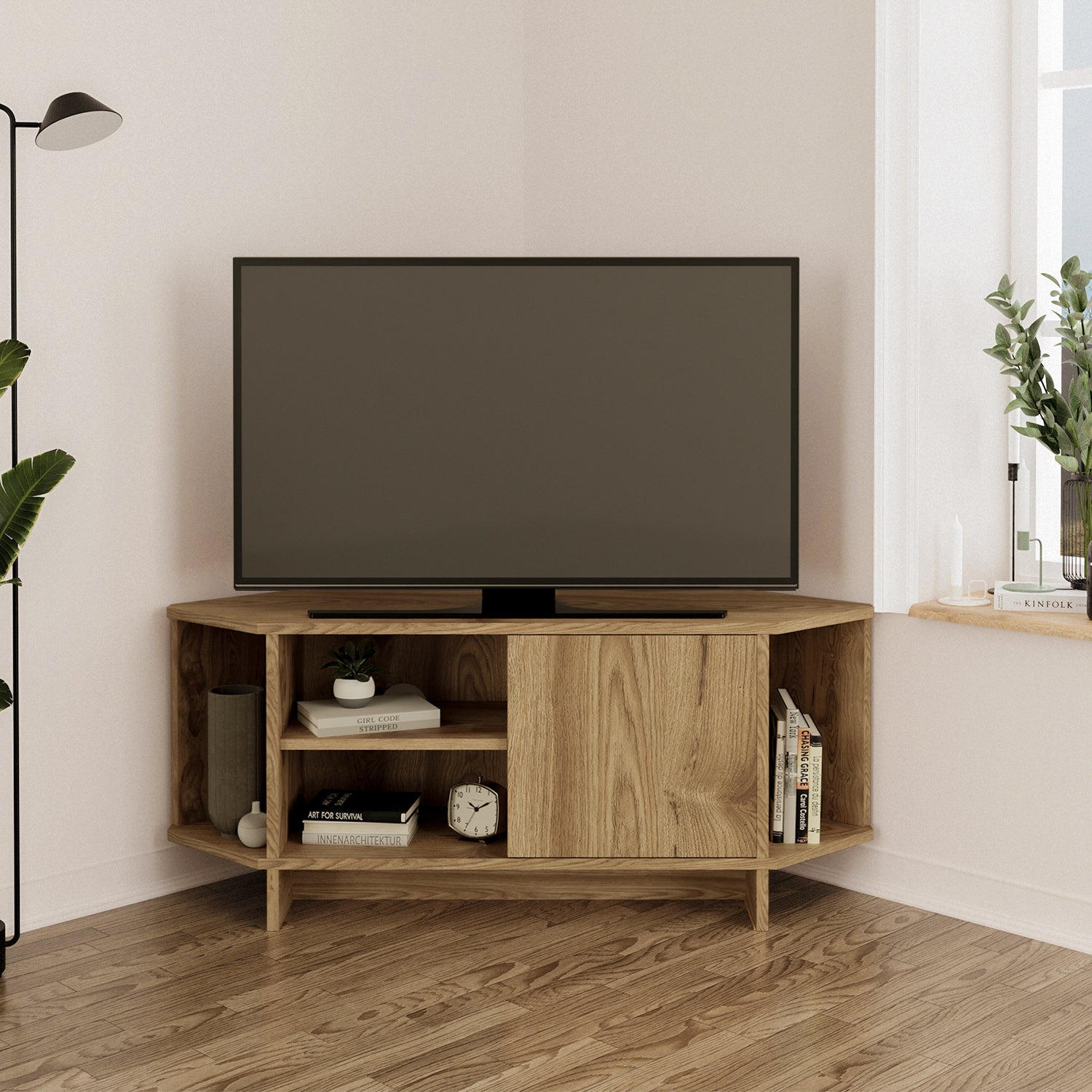 Bimossa B13 Teo 48 inç Uyumlu Köşe TV Ünitesi Kapaklı Raflı Kompakt Modern Salon TV Sehpası