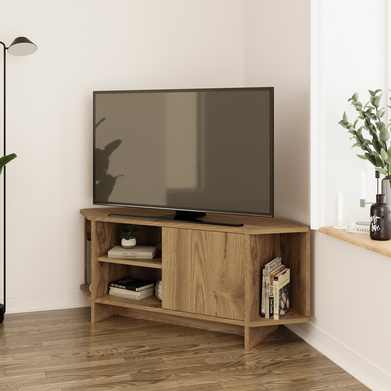 Bimossa B13 Teo 48 inç Uyumlu Köşe TV Ünitesi Kapaklı Raflı Kompakt Modern Salon TV Sehpası