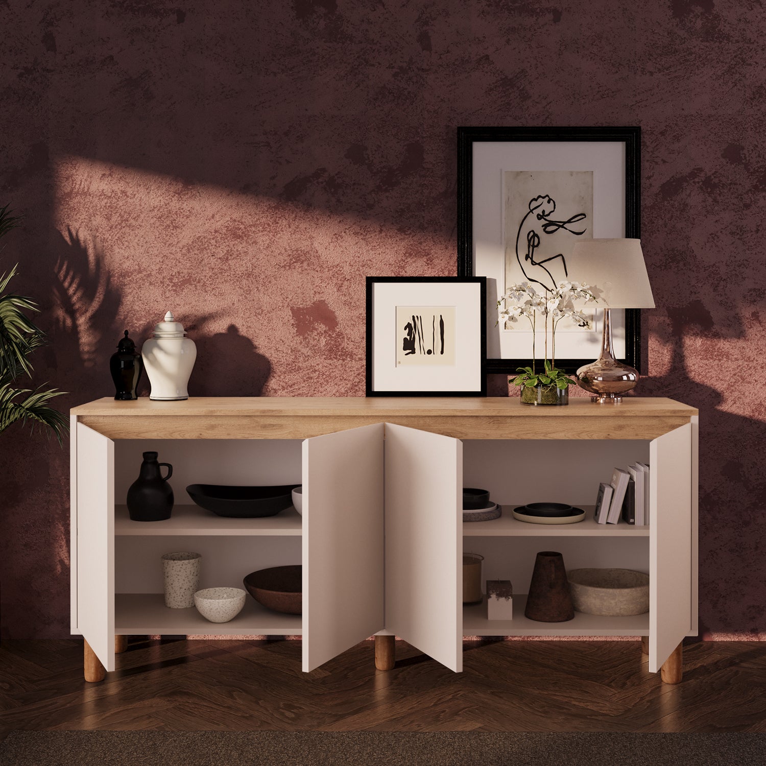 Bimossa H41 Terra 180 cm Yüksek Ayaklı 4 Kapaklı Konsol, Modern Yemek Odası Depolama Dolabı