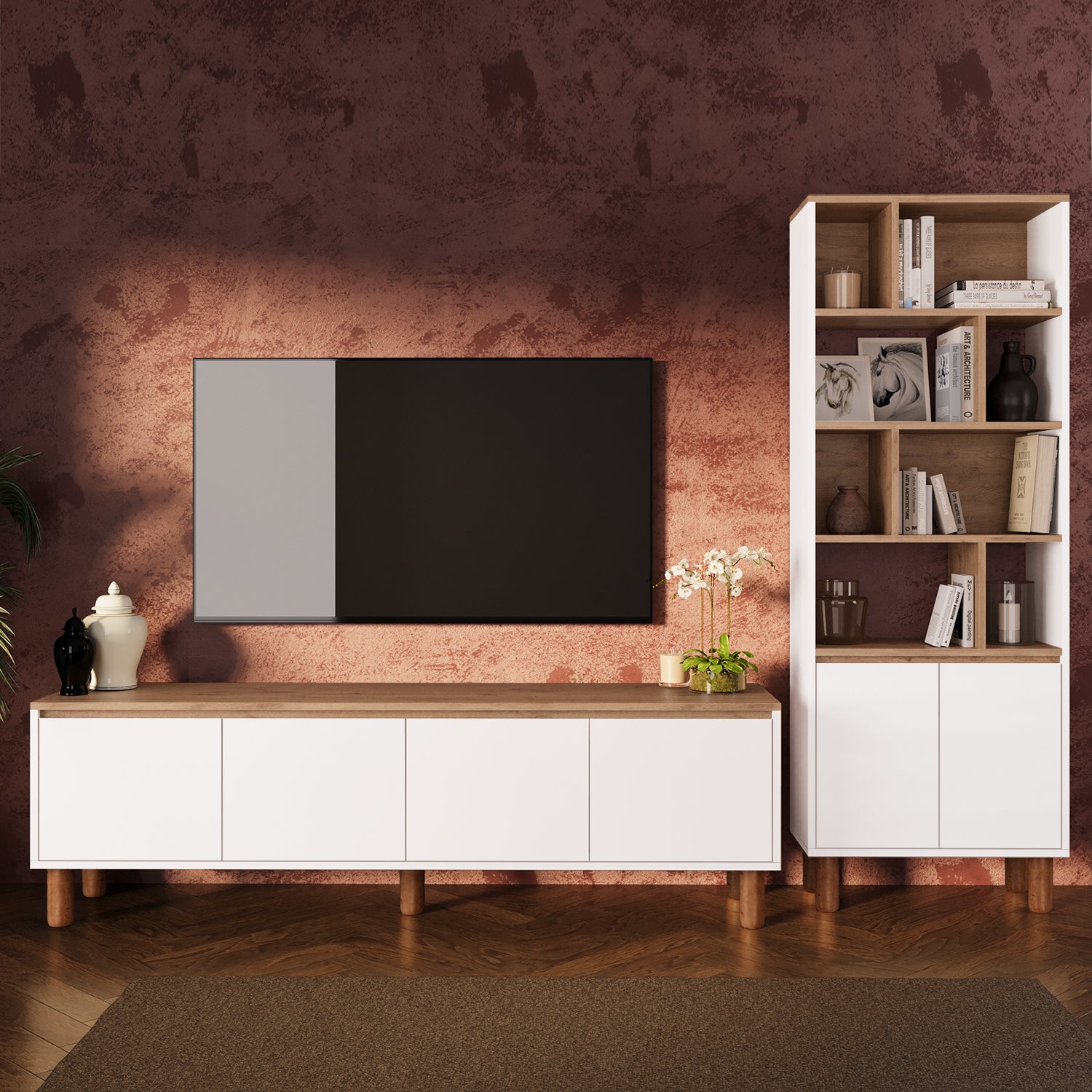 Bimossa G42 Terra Kitaplıklı TV Ünitesi Seti, 180 cm TV Sehpası ve Kapaklı Kitaplık Takımı