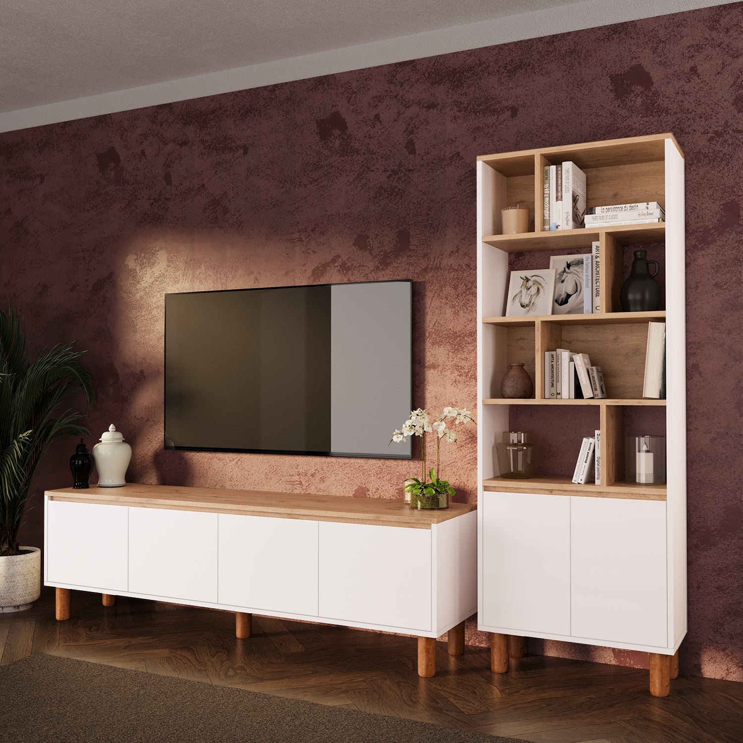 Bimossa G42 Terra Kitaplıklı TV Ünitesi Seti, 180 cm TV Sehpası ve Kapaklı Kitaplık Takımı
