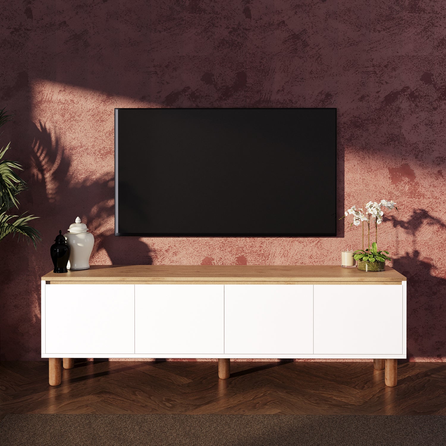 Bimossa D41 Terra 180 cm Yüksek Ayaklı 4 Kapaklı TV Ünitesi, Televizyon Sehpası Depolama Dolabı