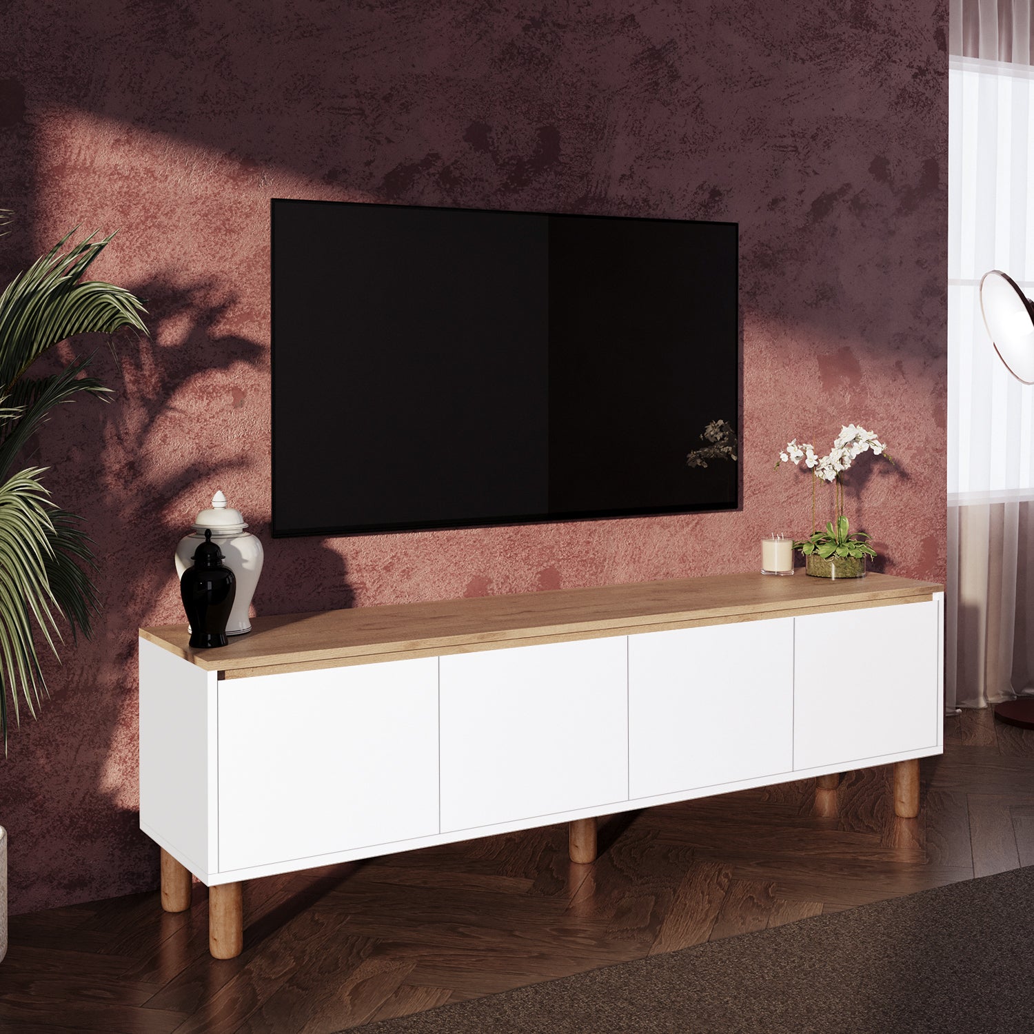 Bimossa D41 Terra 180 cm Yüksek Ayaklı 4 Kapaklı TV Ünitesi, Televizyon Sehpası Depolama Dolabı