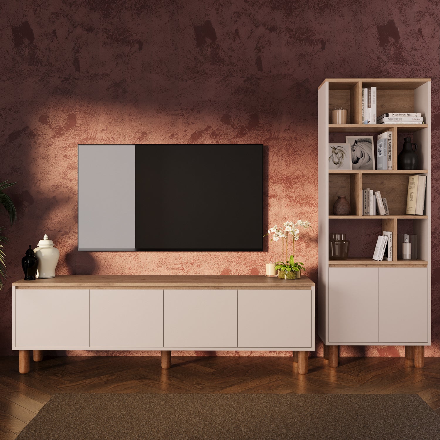 Bimossa G42 Terra Kitaplıklı TV Ünitesi Seti, 180 cm TV Sehpası ve Kapaklı Kitaplık Takımı