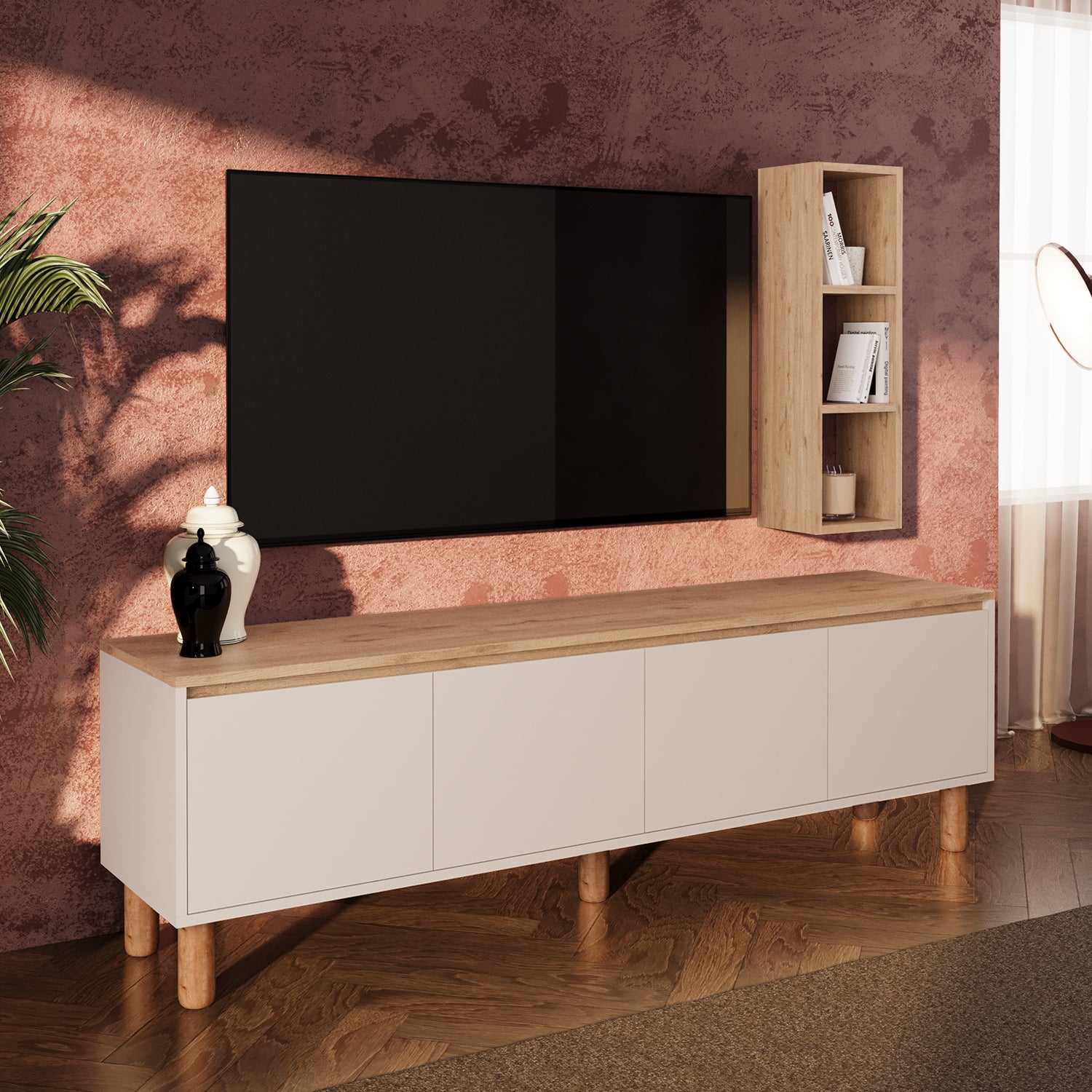 Bimossa G41 Terra Duvar Raflı 180 cm Tv Ünitesi, Yüksek Ayaklı 4 Kapaklı Televizyon Sehpası, Depolama Dolabı