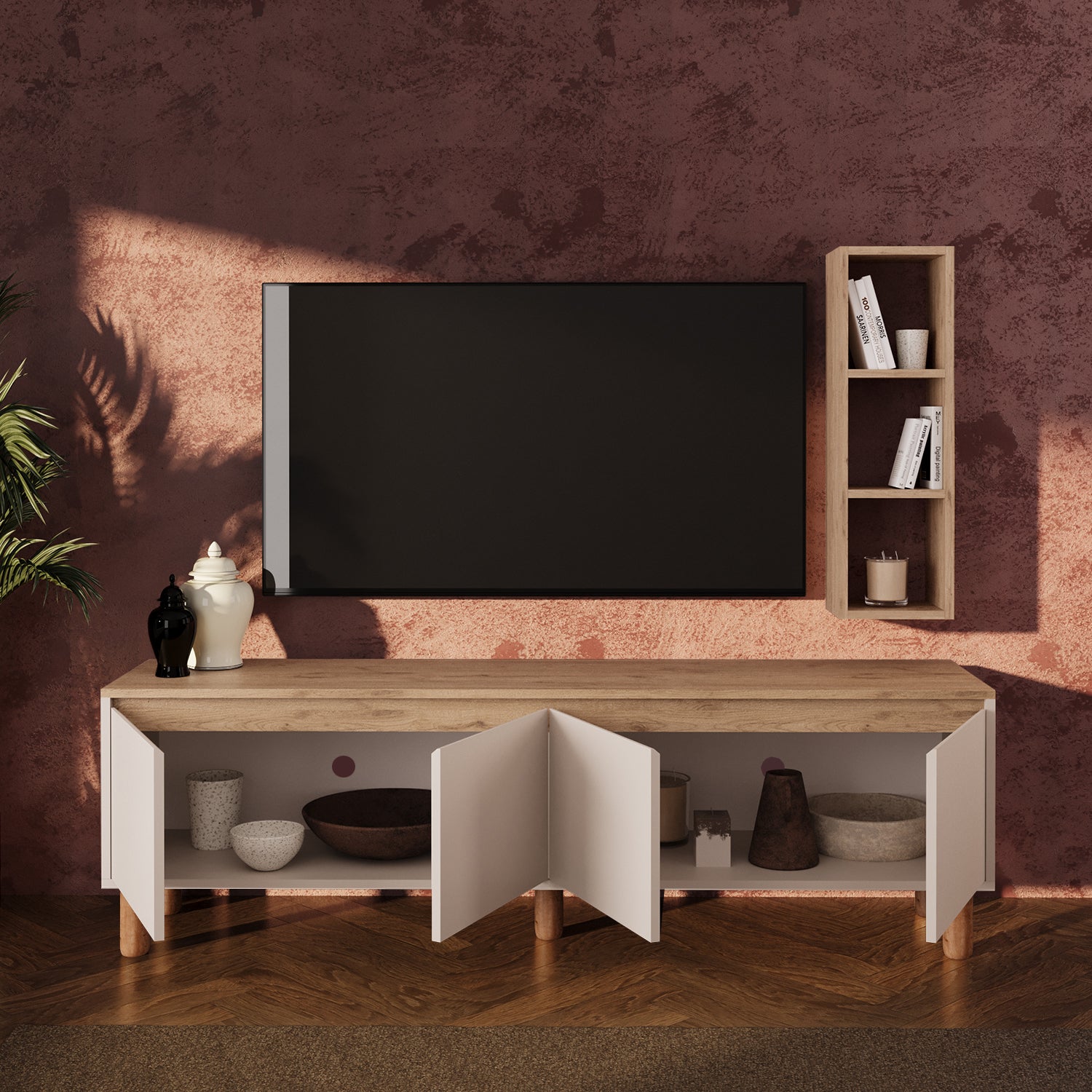 Bimossa G41 Terra Duvar Raflı 180 cm Tv Ünitesi, Yüksek Ayaklı 4 Kapaklı Televizyon Sehpası, Depolama Dolabı