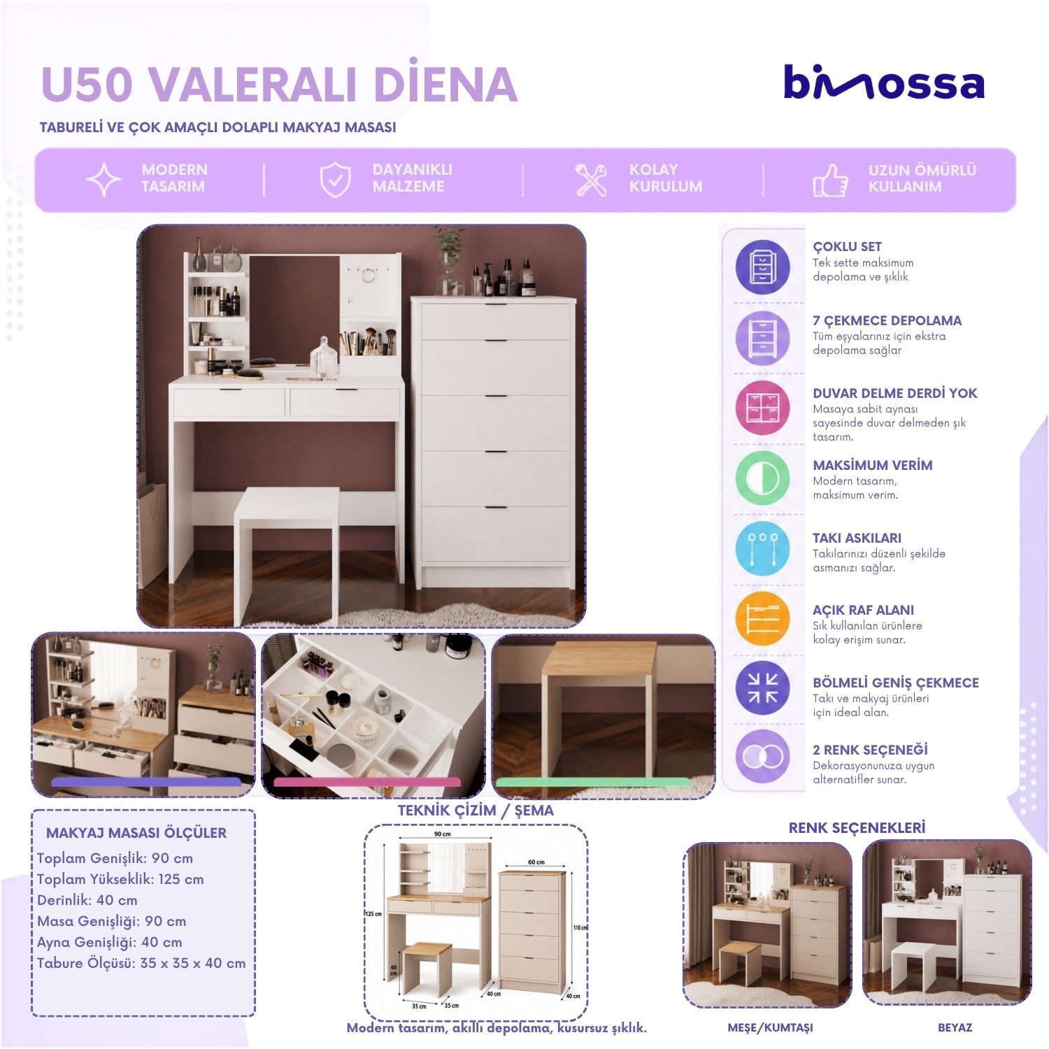 Bimossa U50 Geniş Dolaplı Tabureli Diena Makyaj Masası Seti - Aynalı, Raflı ve 5 Çekmeceli