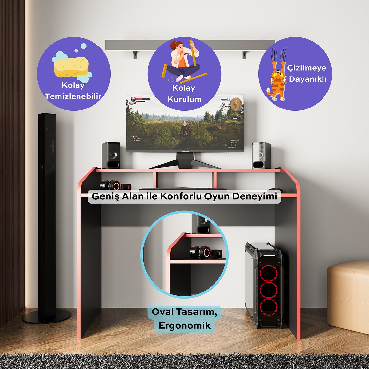 Bimossa S8280 Zuko Oyuncu Masası Siyah Kırmızı 117 cm & Gamer Bilgisayar Masası
