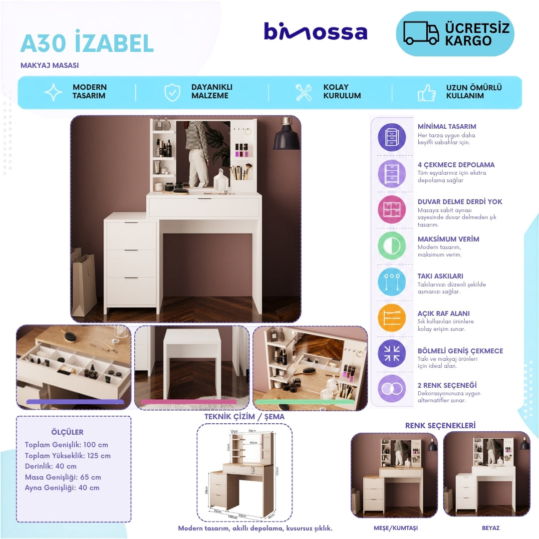 Bimossa A30 İzabel Çekmeceli Makyaj Masası