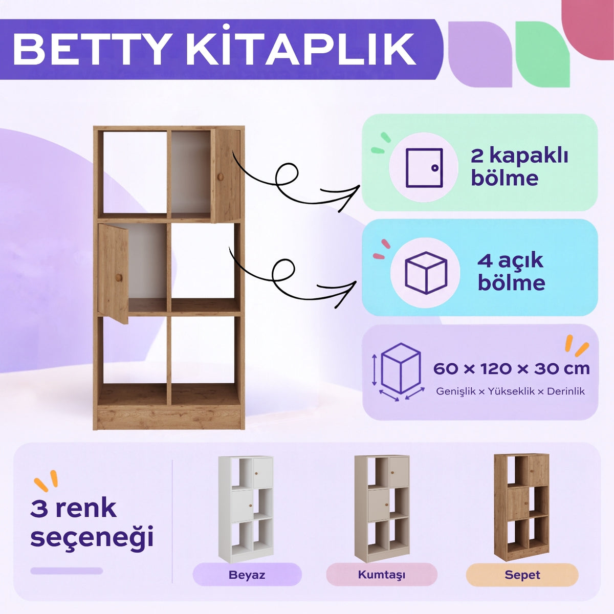 Bimossa W53 Betty Kitaplık, 2 Kapaklı ve 4 Açık Bölmeli 120 cm Çok Amaçlı Kitaplık