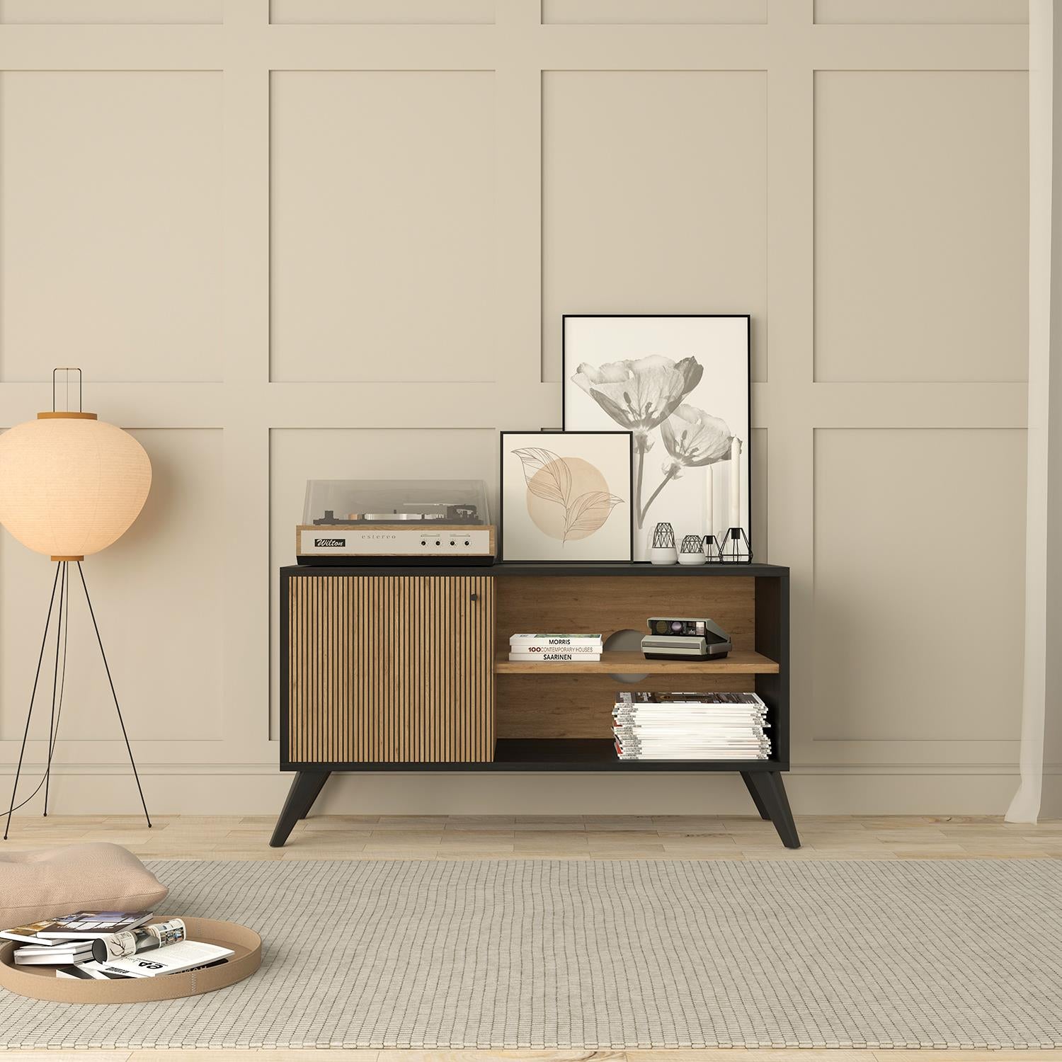 Bimossa B4030 Lisa Siyah-Sepet TV Ünitesi 100 cm Tek Kapaklı Raflı Modern Salon TV Sehpası