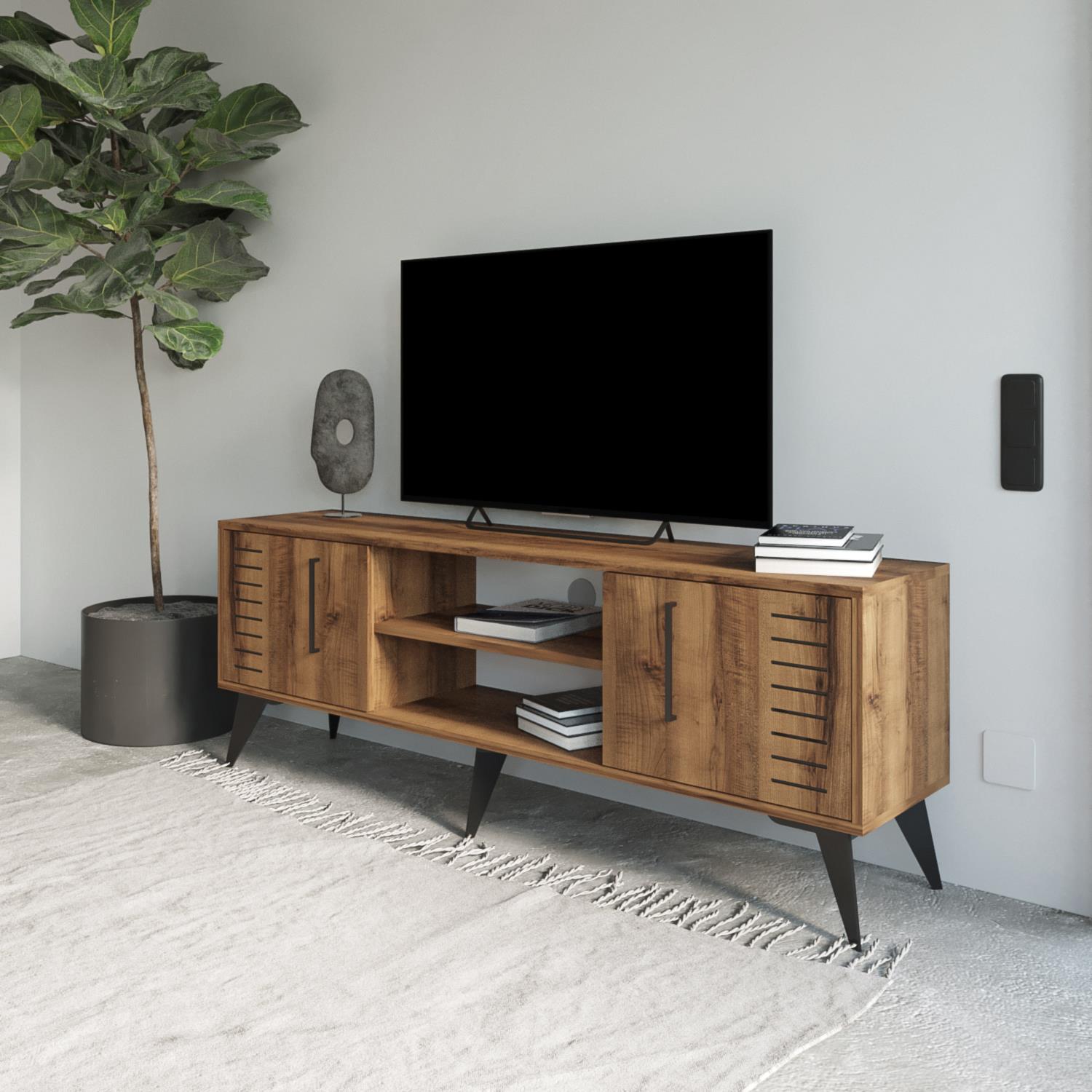 Bimossa D3520 Karla Hat Detaylı TV Ünitesi 160 cm Kapaklı Raflı Modern Salon Ünitesi