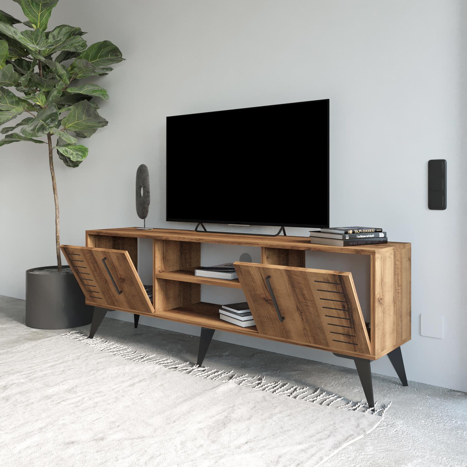 Bimossa D3520 Karla Hat Detaylı TV Ünitesi 160 cm Kapaklı Raflı Modern Salon Ünitesi