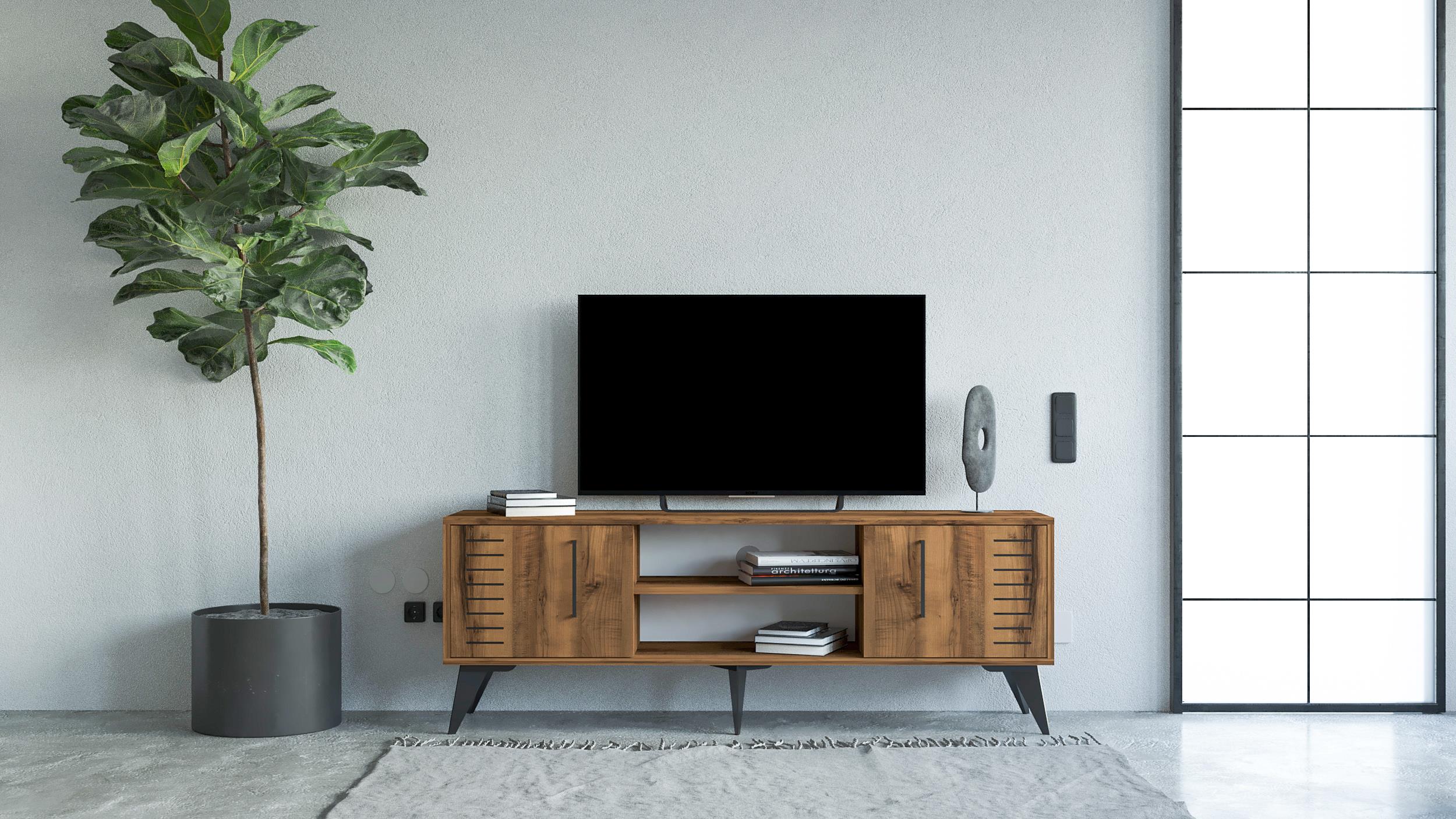 Bimossa D3520 Karla Hat Detaylı TV Ünitesi 160 cm Kapaklı Raflı Modern Salon Ünitesi