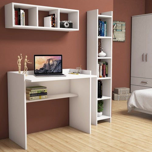 Bimossa U1040 Nurbanu Beyaz Çalışma Masası Kitaplık Raflı 90 cm