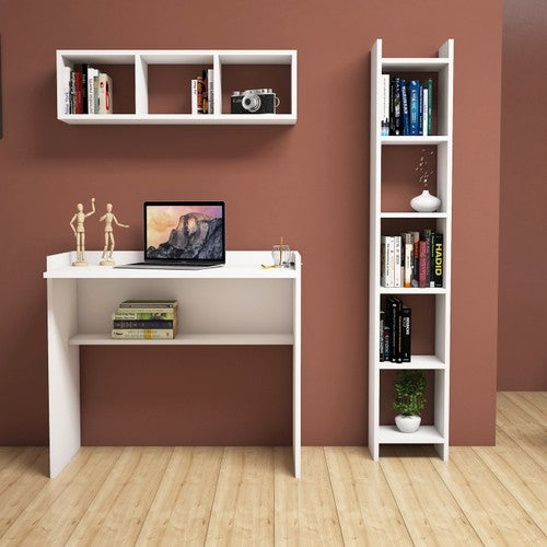 Bimossa U1040 Nurbanu Beyaz Çalışma Masası Kitaplık Raflı 90 cm