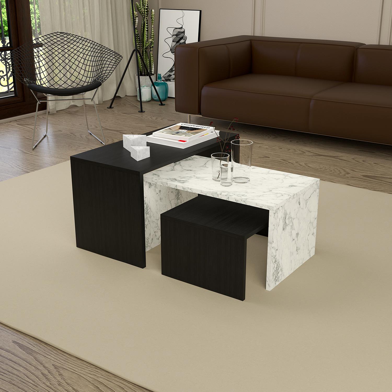 Bimossa O2021 3lü Alice Orta Sehpa Wood Yüzey-Carrara