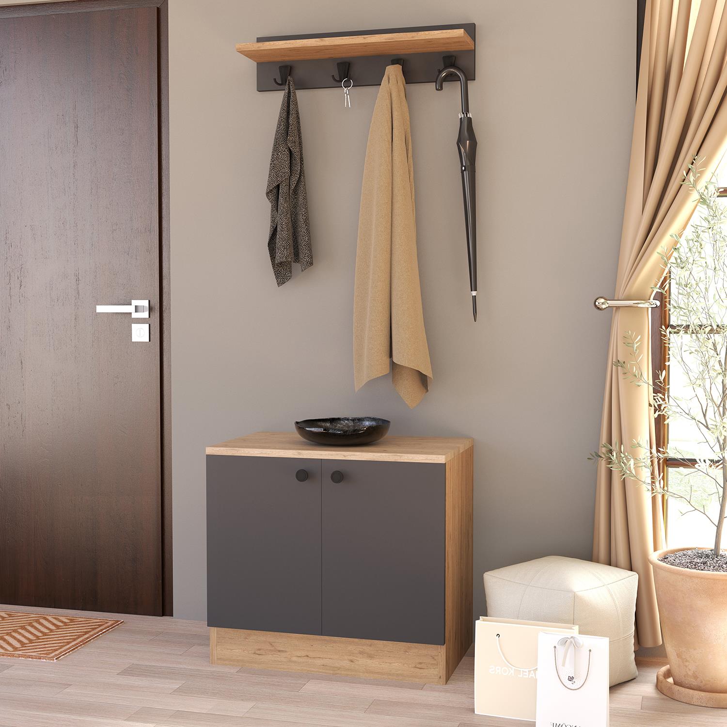 Bimossa G32 Sofia İkili Ayakkabılık & Vestiyer Antrasit - Meşe & Meşe