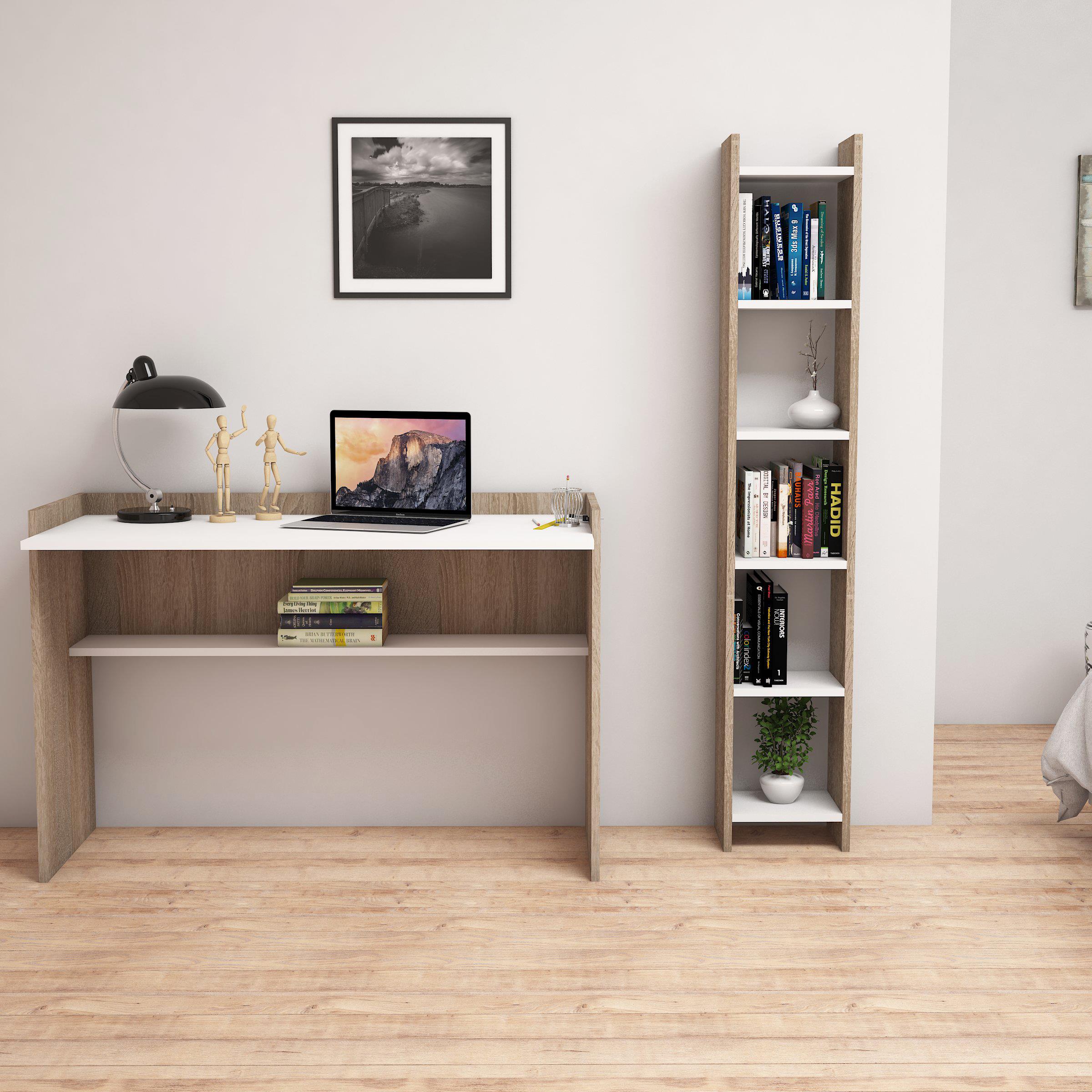 Bimossa T6020 Gülbahar Kitaplık ve Çalışma Masası Ceviz/Beyaz