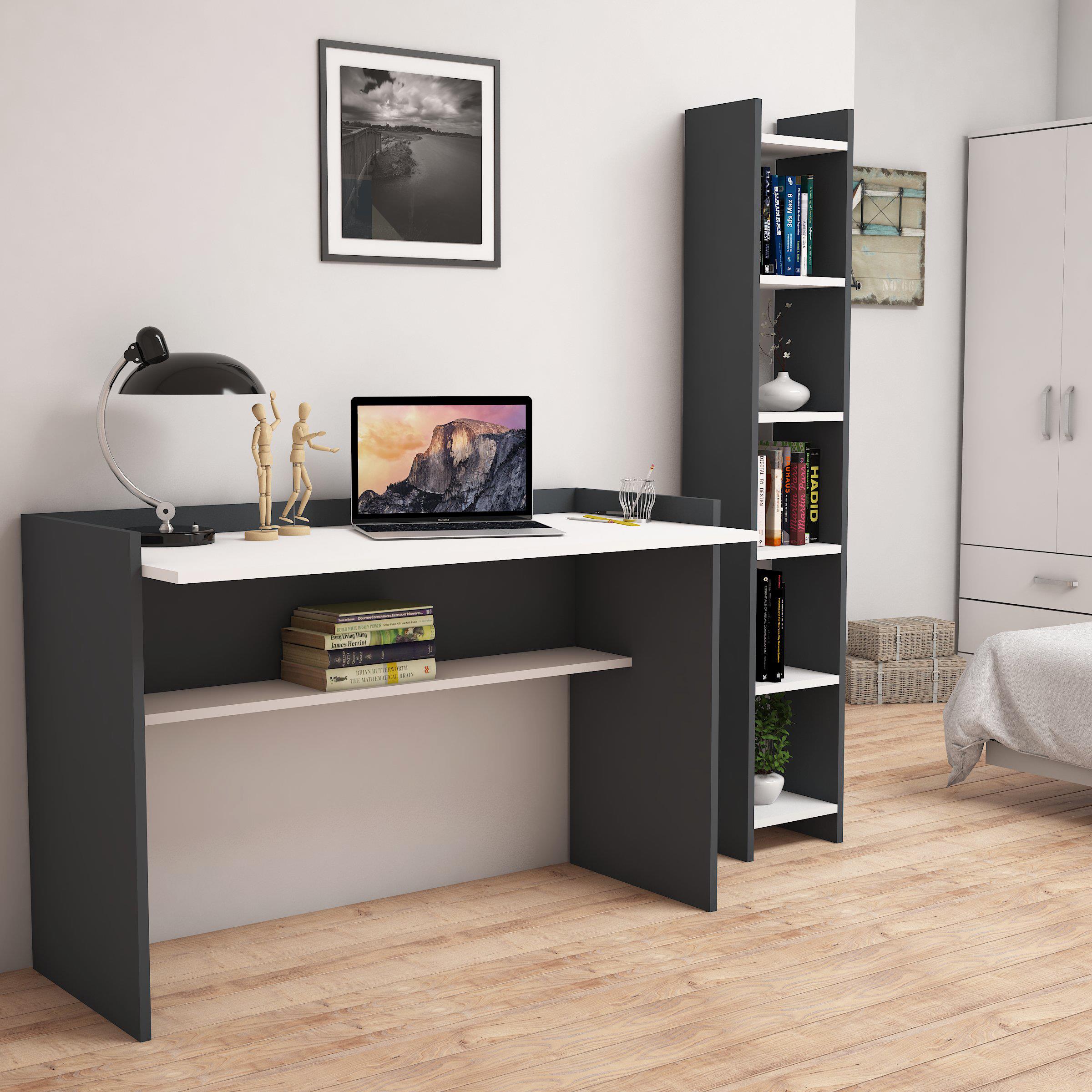 Bimossa T6030 Gülbahar Kitaplık ve Çalışma Masası Antrasit/Beyaz