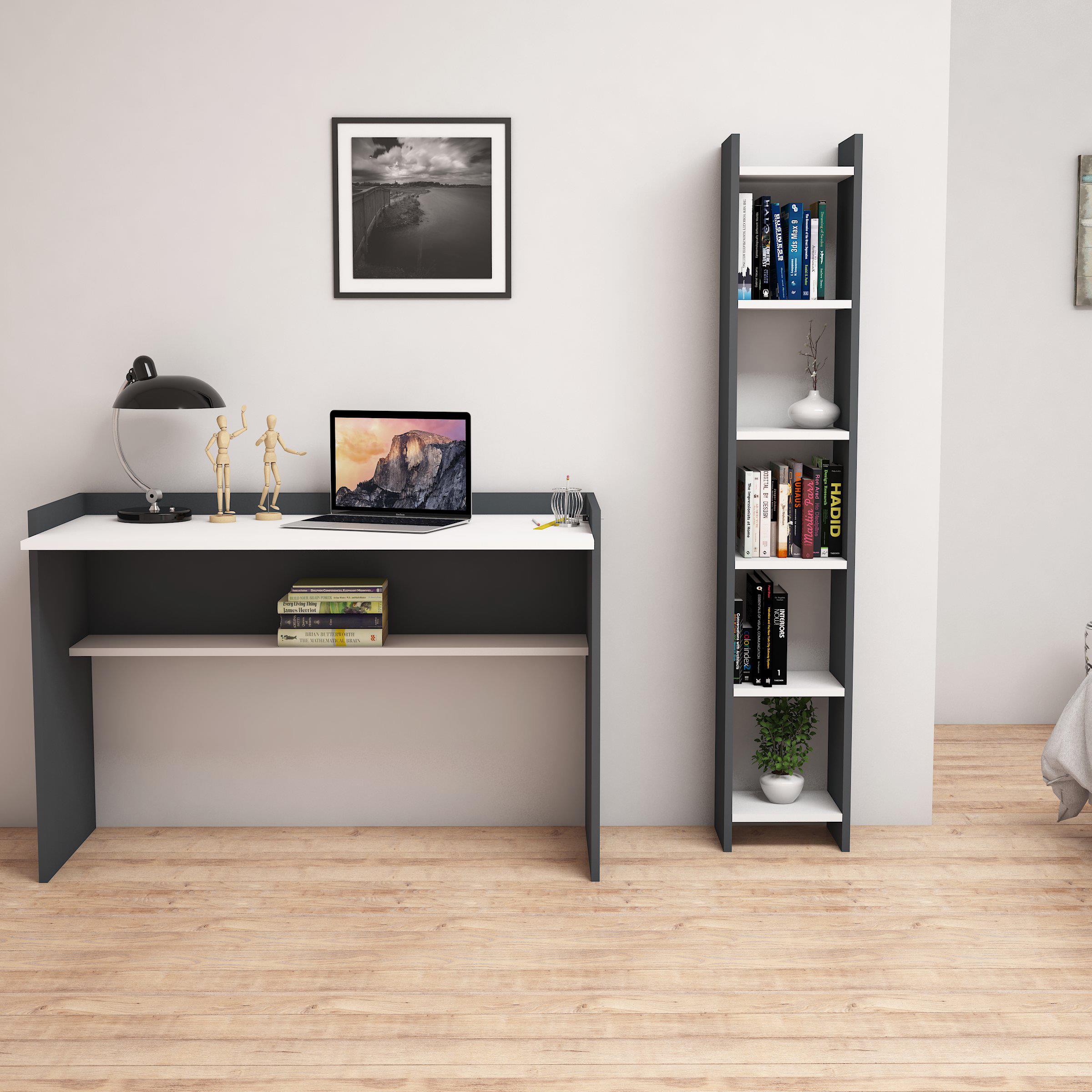 Bimossa T6030 Gülbahar Kitaplık ve Çalışma Masası Antrasit/Beyaz