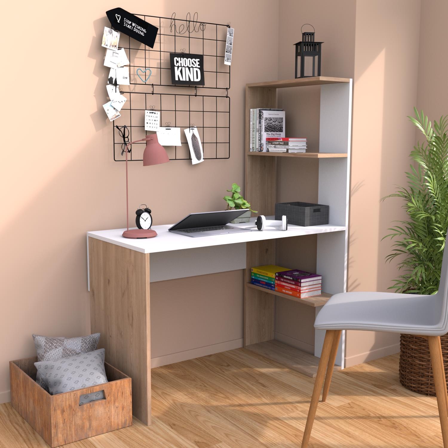 Bimossa T8020 Atlas Kitaplıklı Çalışma Masası Ceviz-Beyaz