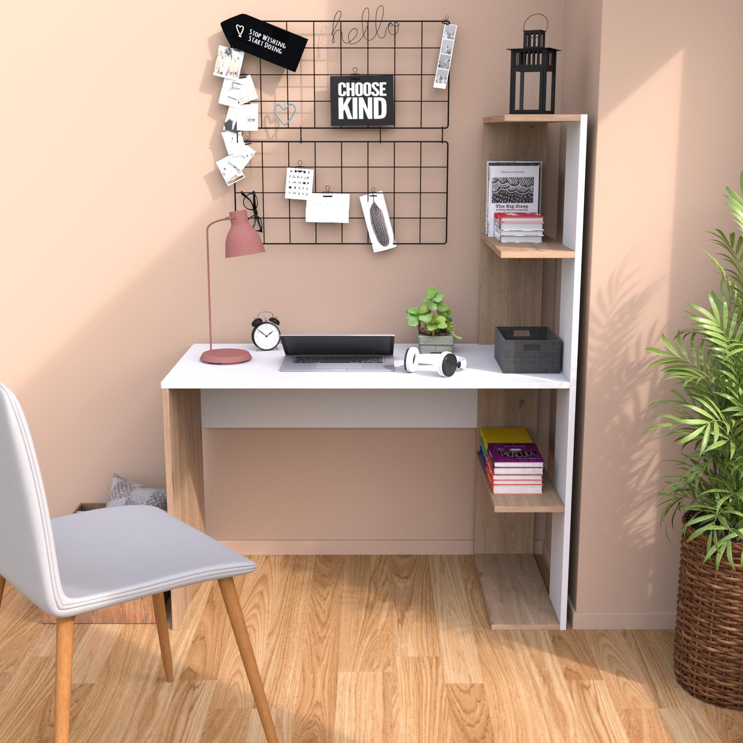 Bimossa T8020 Atlas Kitaplıklı Çalışma Masası Ceviz-Beyaz