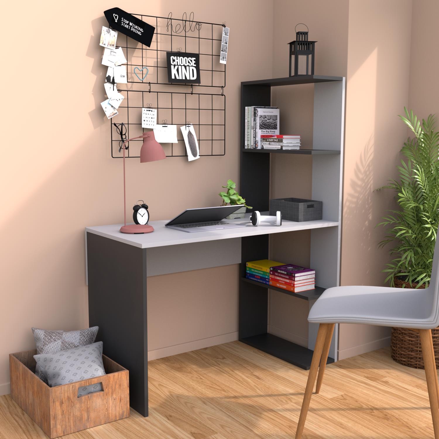 Bimossa T8030 Atlas Kitaplıklı Çalışma Masası Antrasit-Beyaz