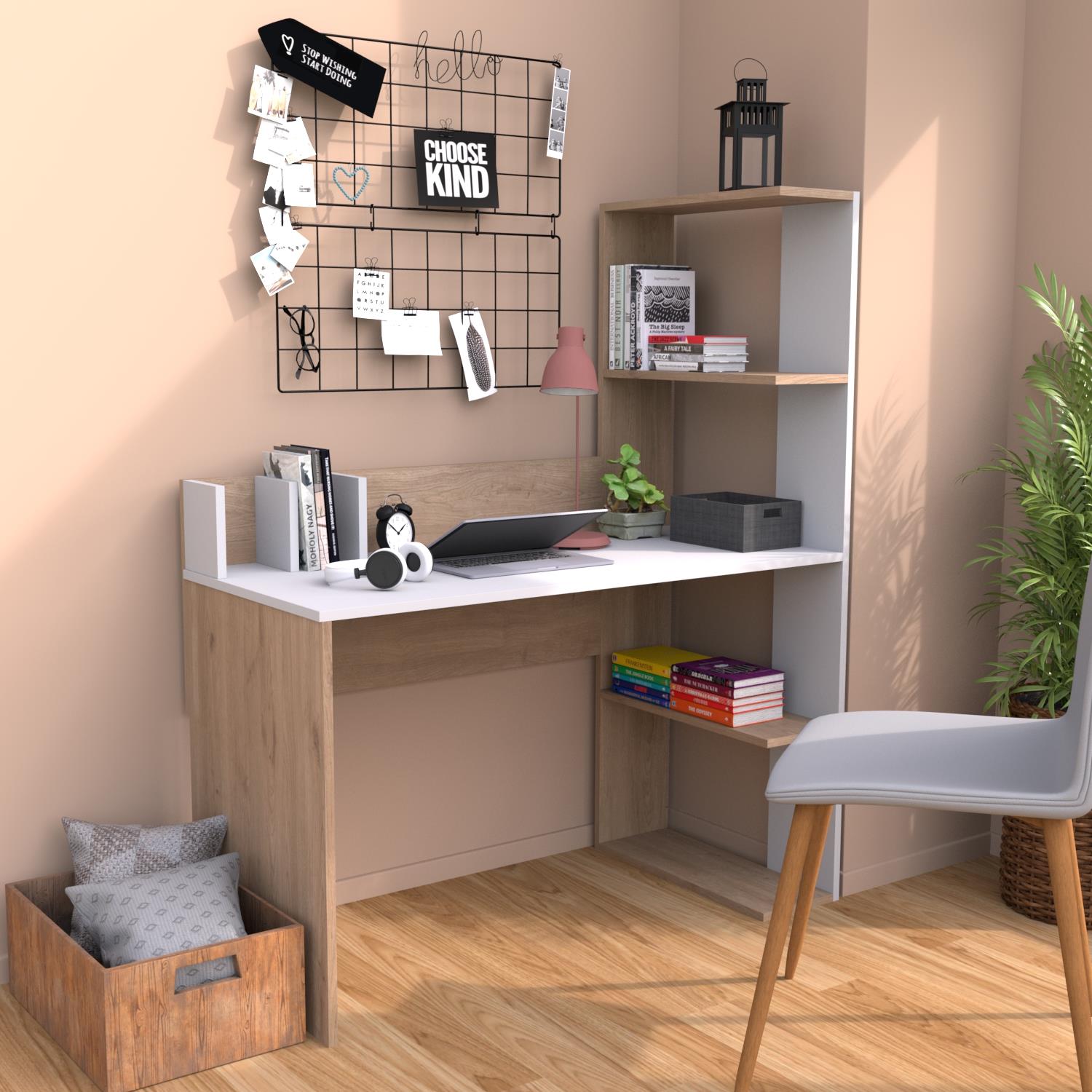 Bimossa T9020 Barlas Kitaplıklı Çalışma Masası Ceviz-Beyaz