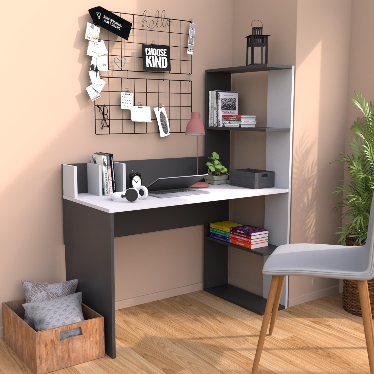 Bimossa T9030 Barlas Kitaplıklı Çalışma Masası Antrasit-Beyaz