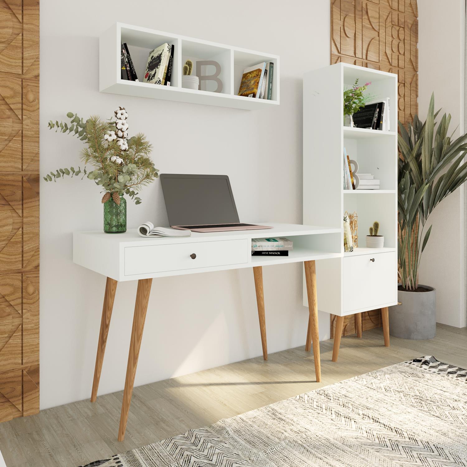 Bimossa U5010 Janus Raflı Kitaplıklı Çalışma Masası Beyaz