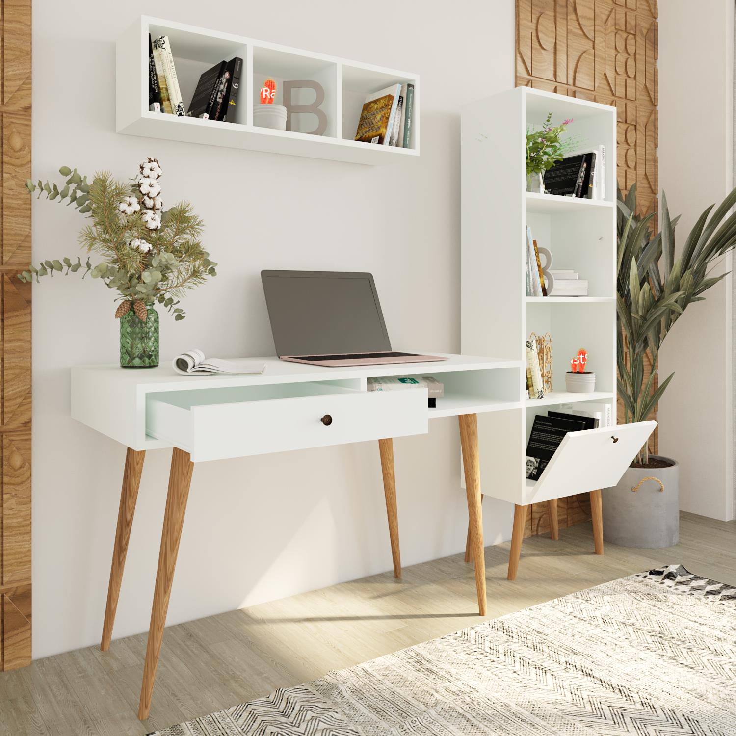 Bimossa U5010 Janus Raflı Kitaplıklı Çalışma Masası Beyaz