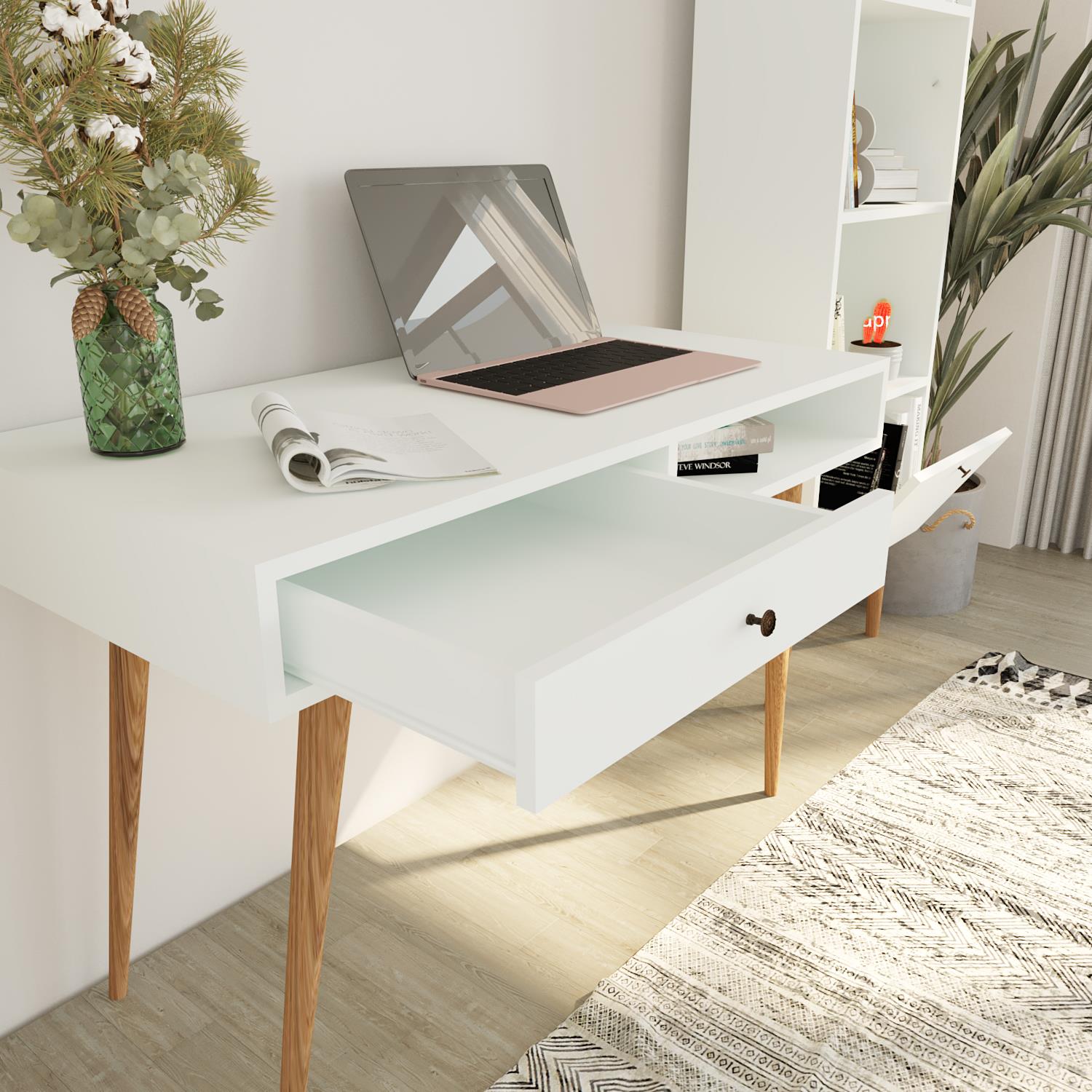 Bimossa U5010 Janus Raflı Kitaplıklı Çalışma Masası Beyaz