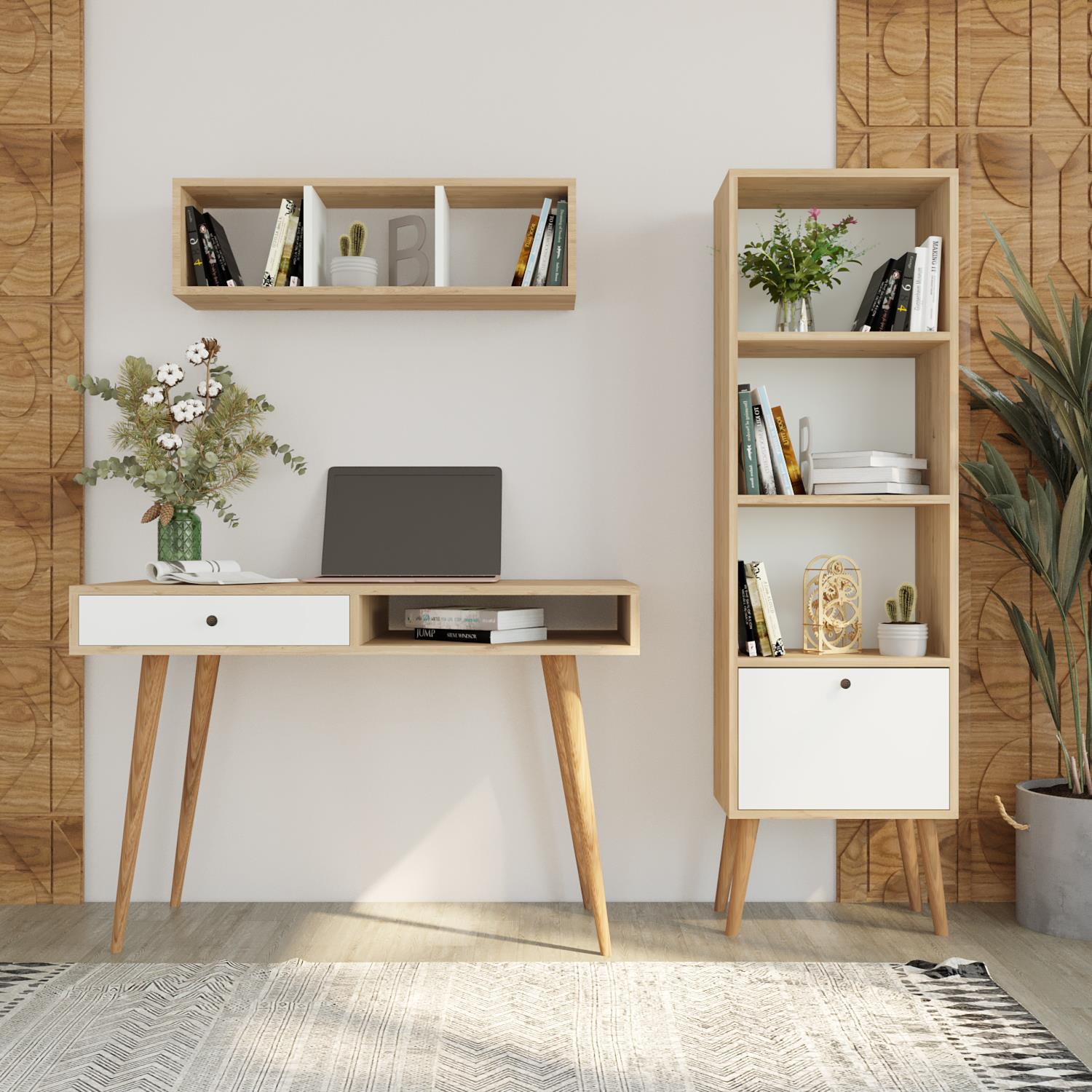 Bimossa U5020 Janus Raflı Kitaplıklı Çalışma Masası Sepet-Beyaz