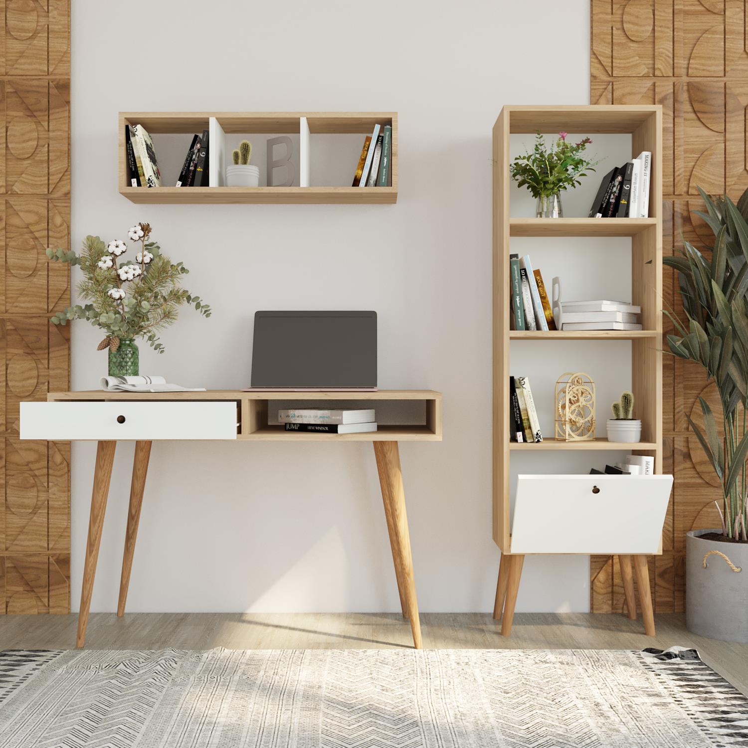 Bimossa U5020 Janus Raflı Kitaplıklı Çalışma Masası Sepet-Beyaz