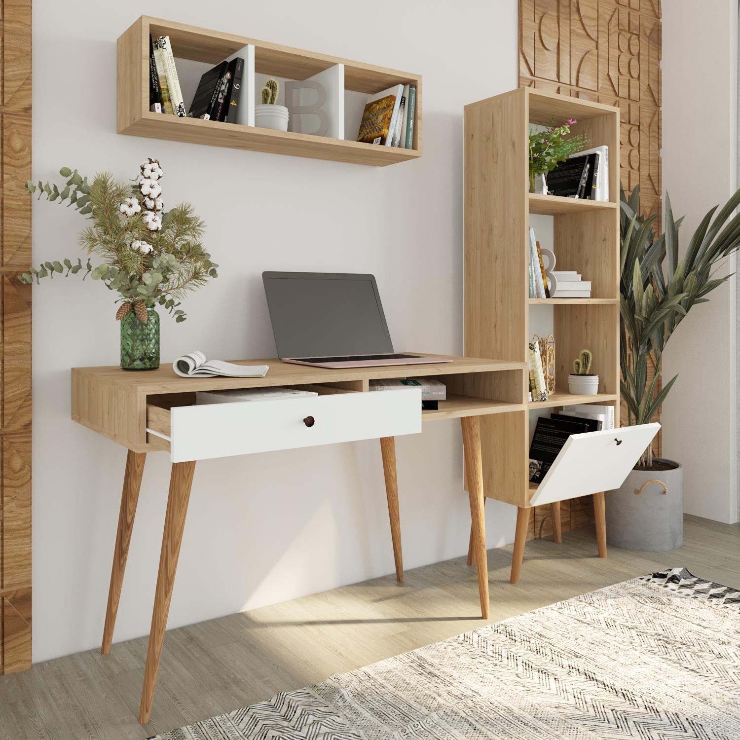 Bimossa U5020 Janus Raflı Kitaplıklı Çalışma Masası Sepet-Beyaz