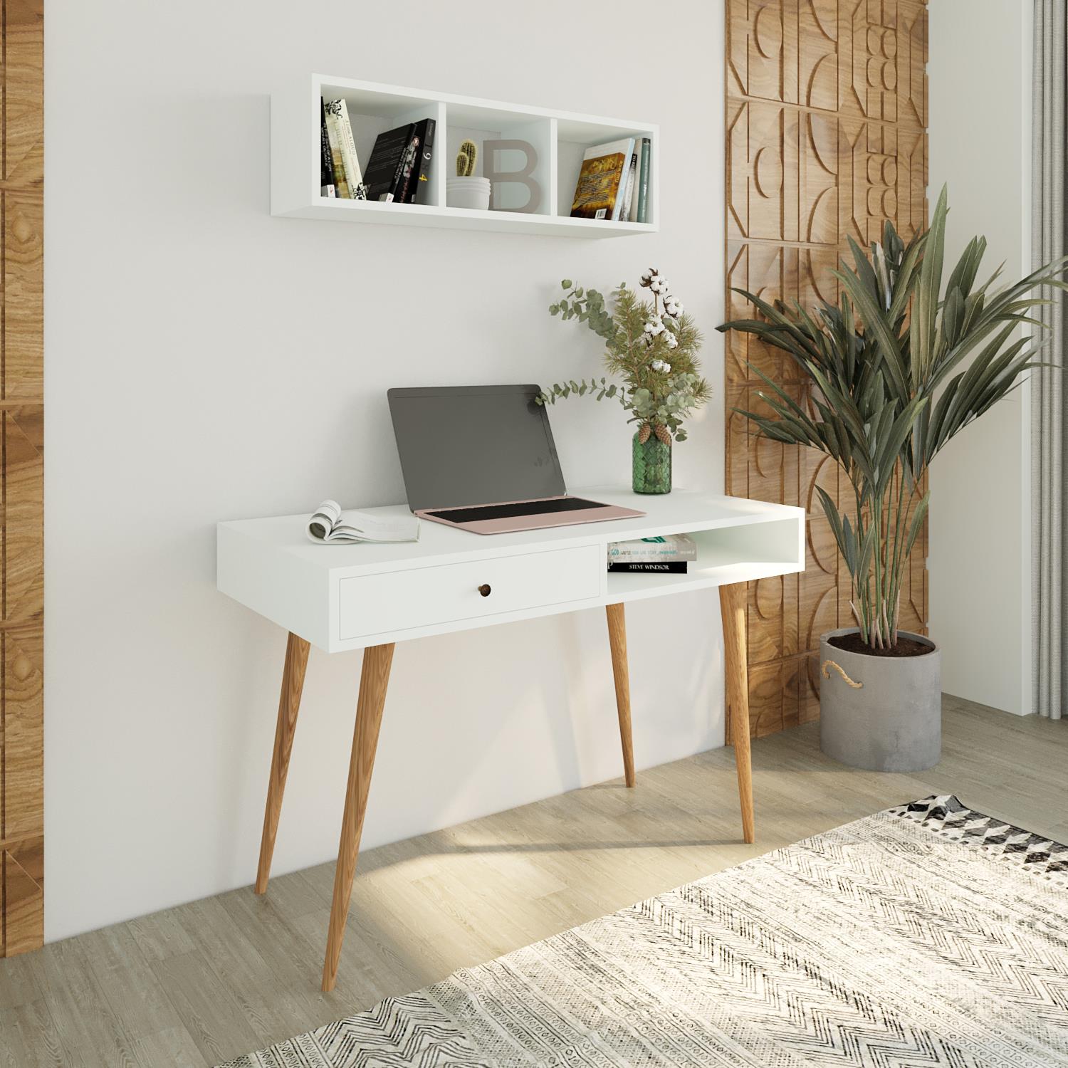 Bimossa V5110 Janus Raflı Çalışma Masası Çekmeceli Beyaz