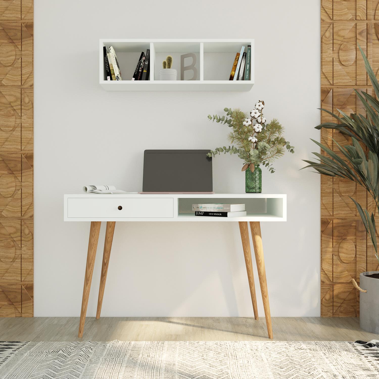 Bimossa V5110 Janus Raflı Çalışma Masası Çekmeceli Beyaz